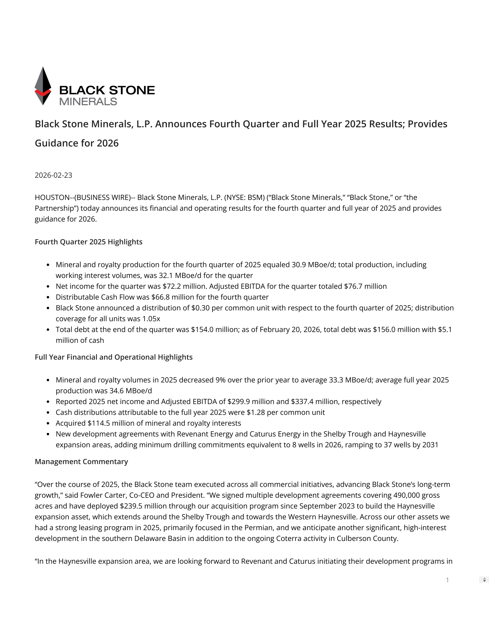 Black Stone Minerals' Q4 2025 Press Release