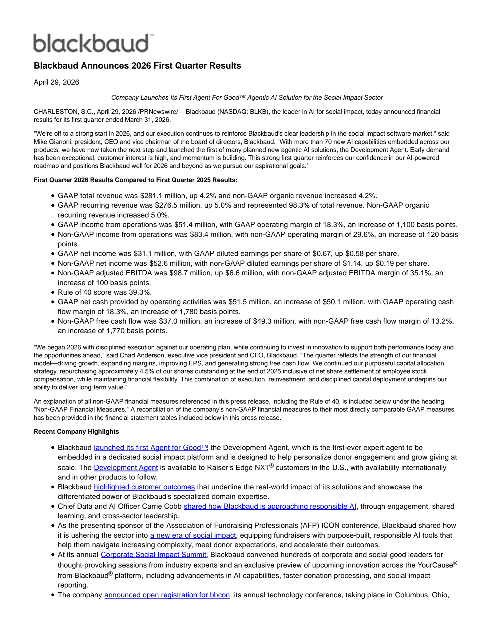 Blackbaud's Q1 2026 Press Release