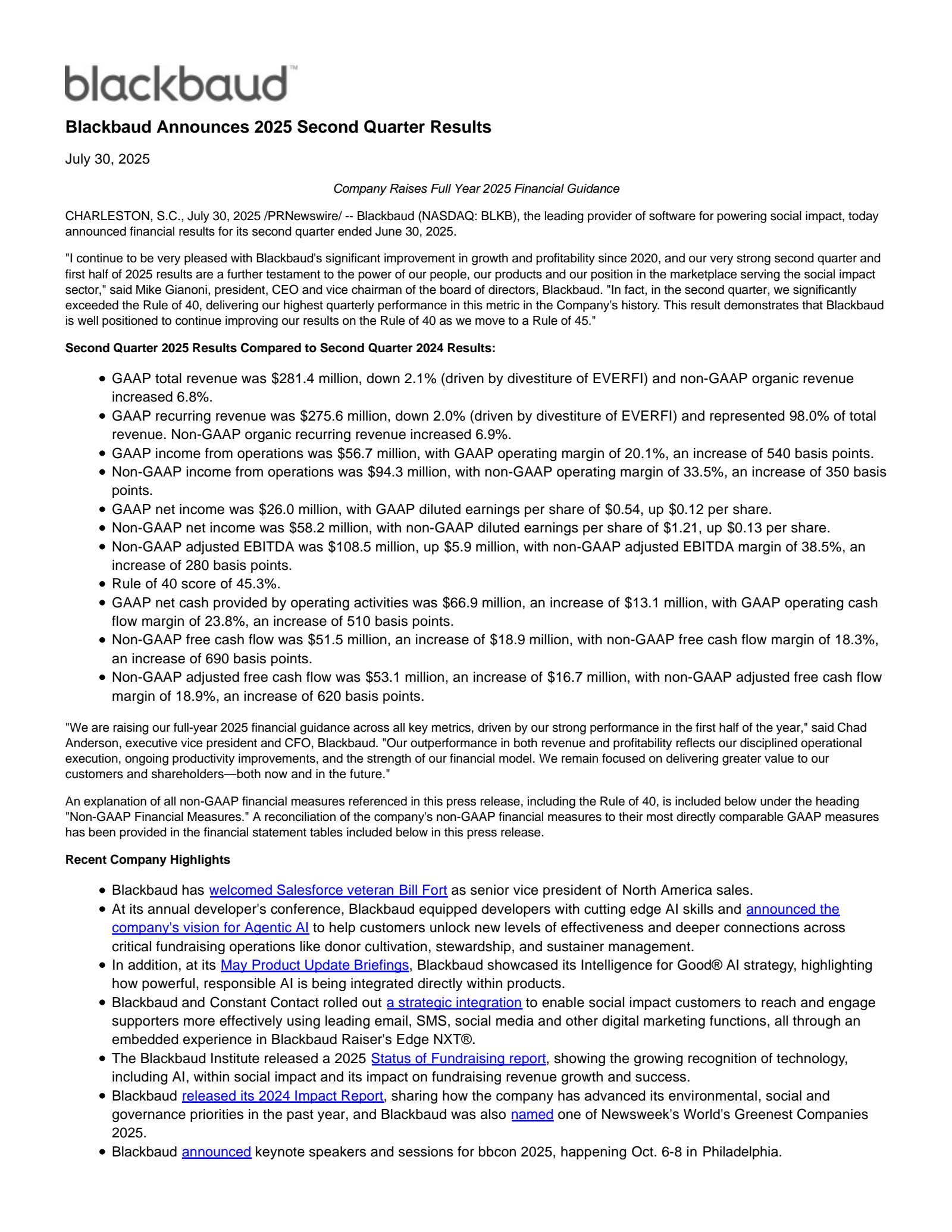 Blackbaud's Q2 2025 Press Release