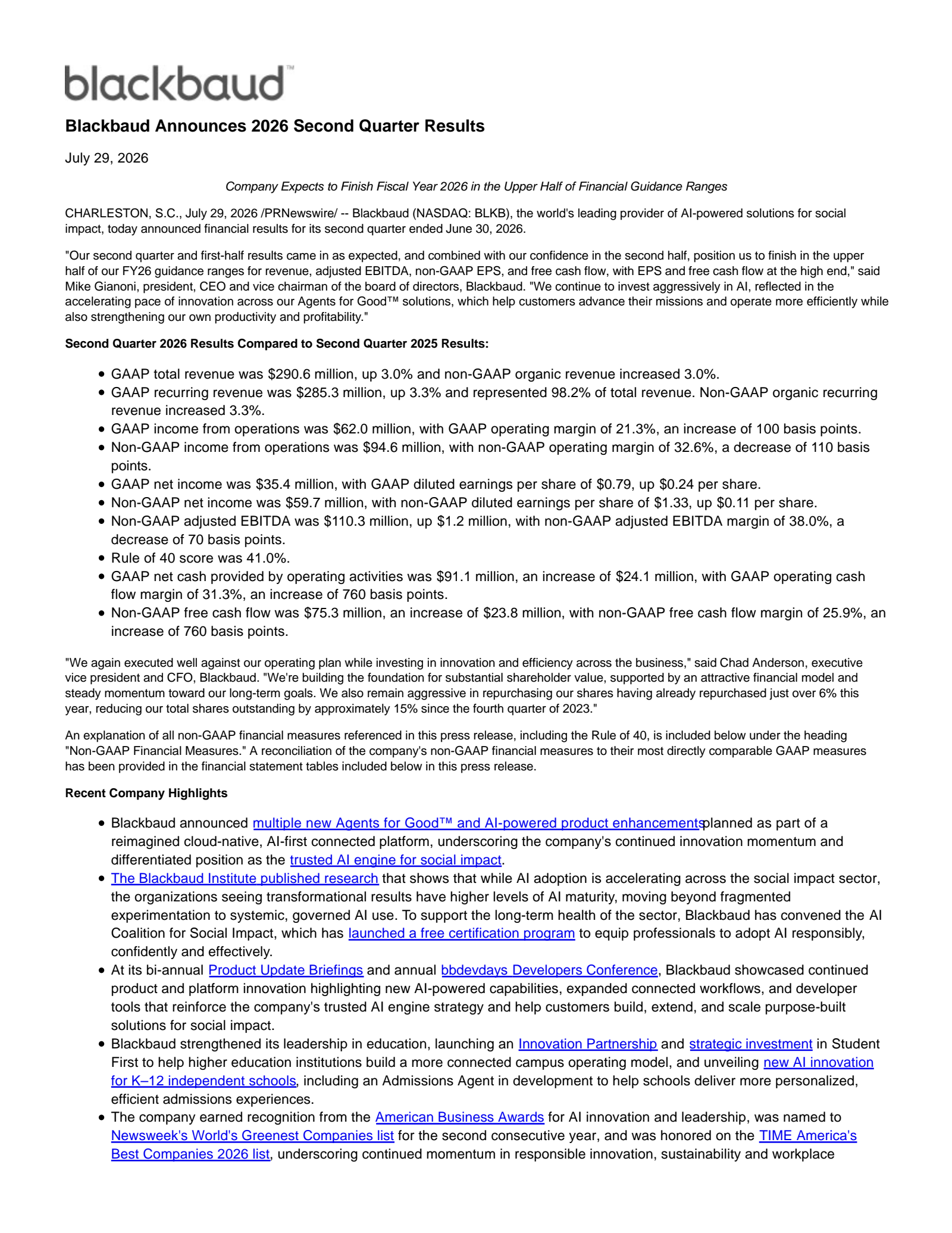 Blackbaud's Q2 2026 Press Release