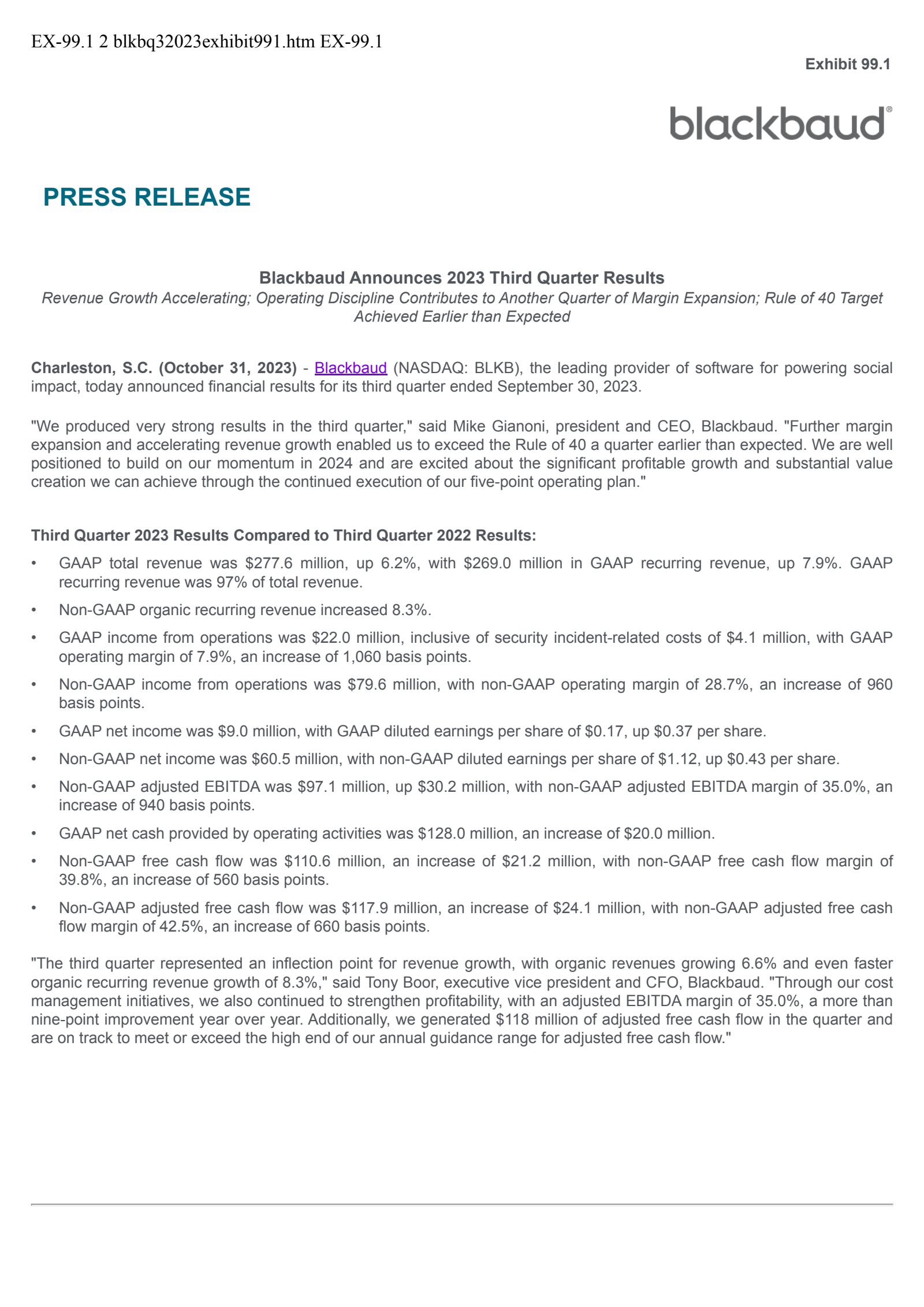 Blackbaud's Q3 2023 Press Release