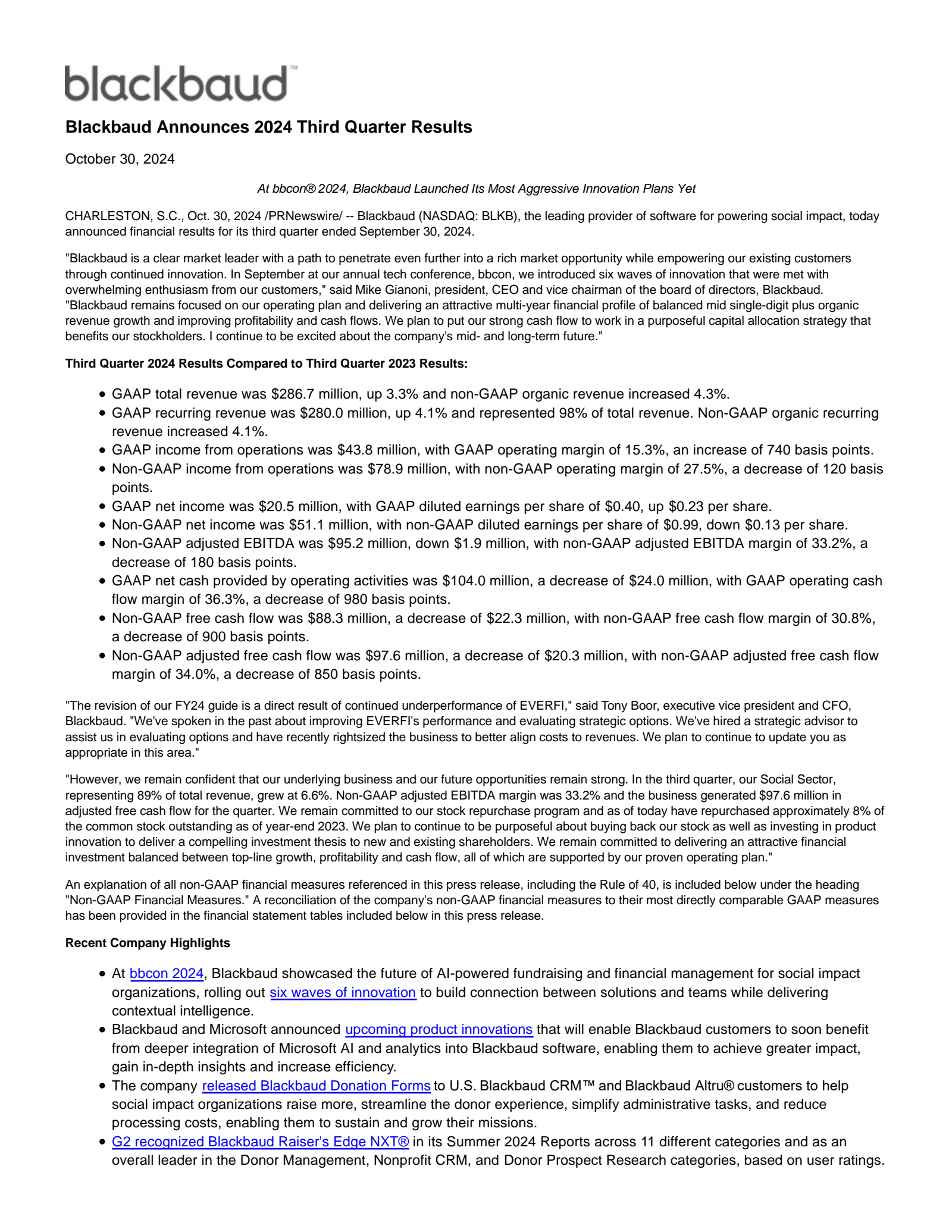 Blackbaud's Q3 2024 Press Release