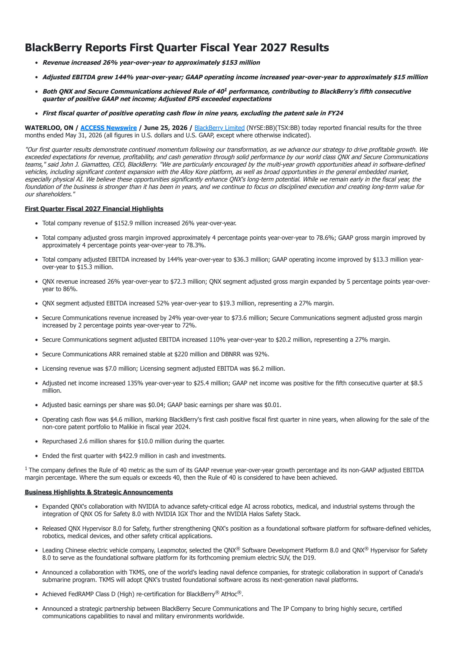 BlackBerry's Q1 2027 Press Release