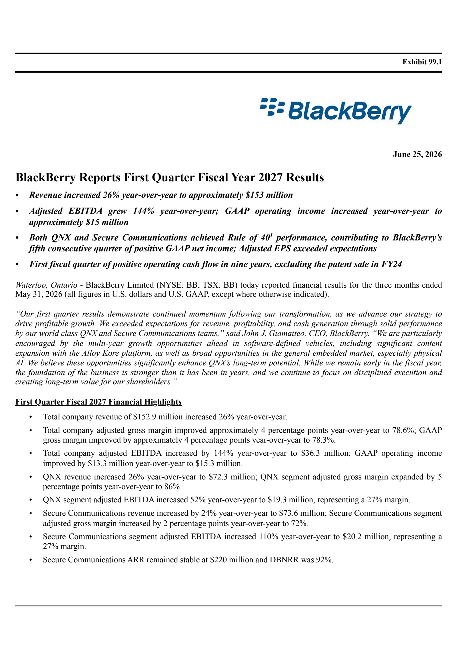 BlackBerry's Q1 2027 Press Release