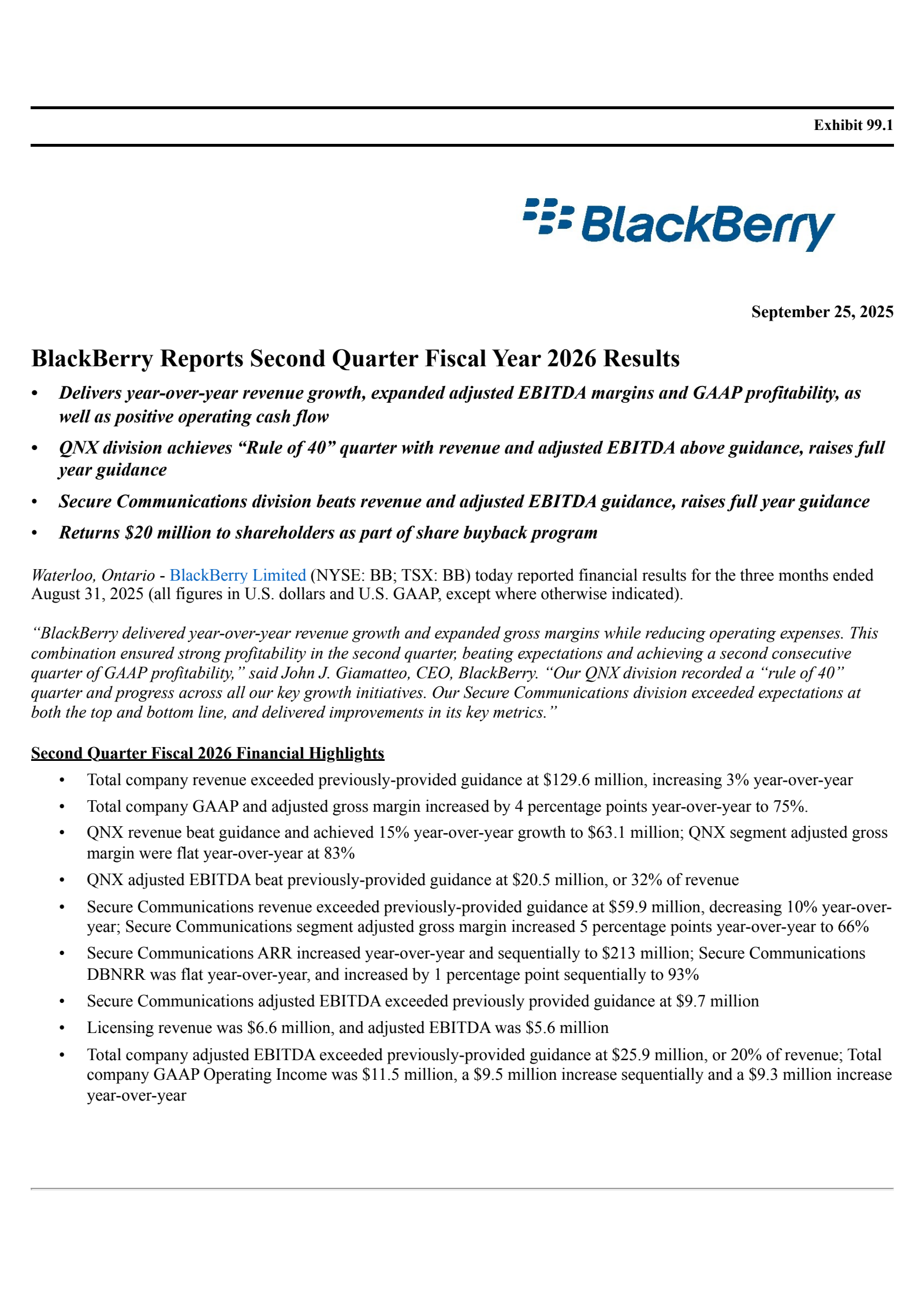BlackBerry's Q2 2026 Earnings Release