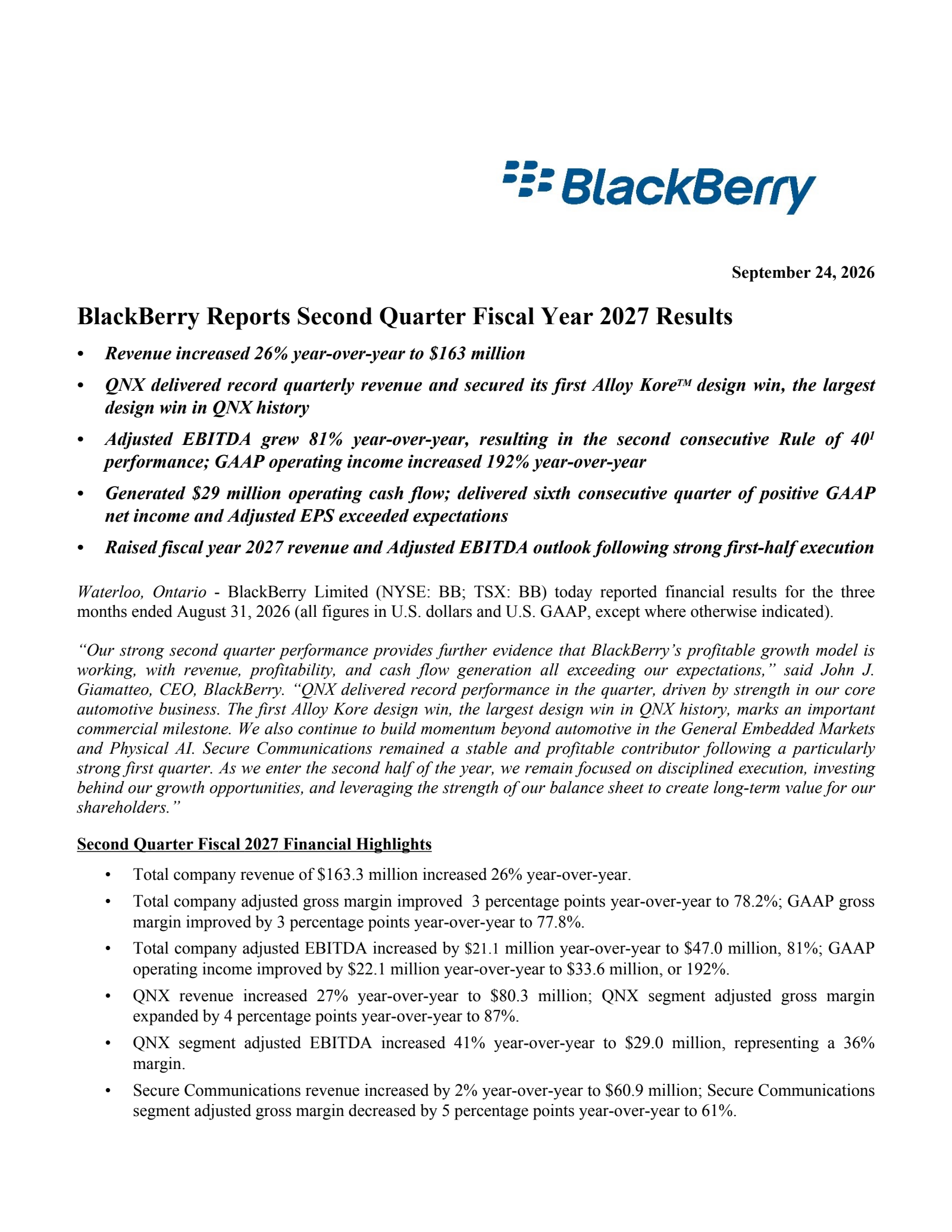 BlackBerry's Q2 2027 Press Release