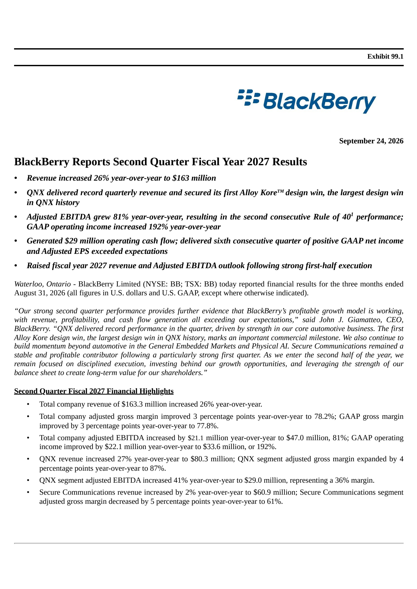 BlackBerry's Q2 2027 Press Release