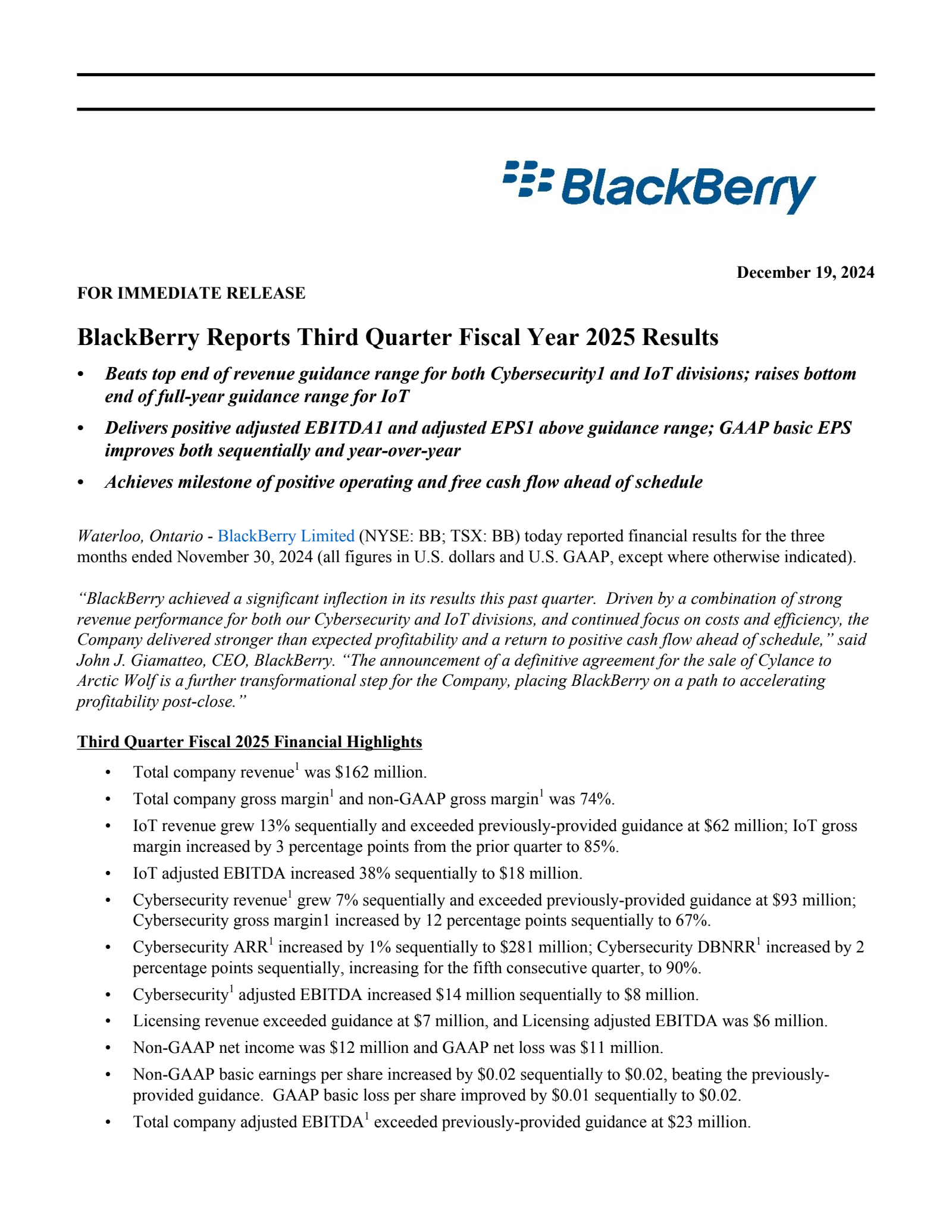 BlackBerry's Q3 2025 Press Release