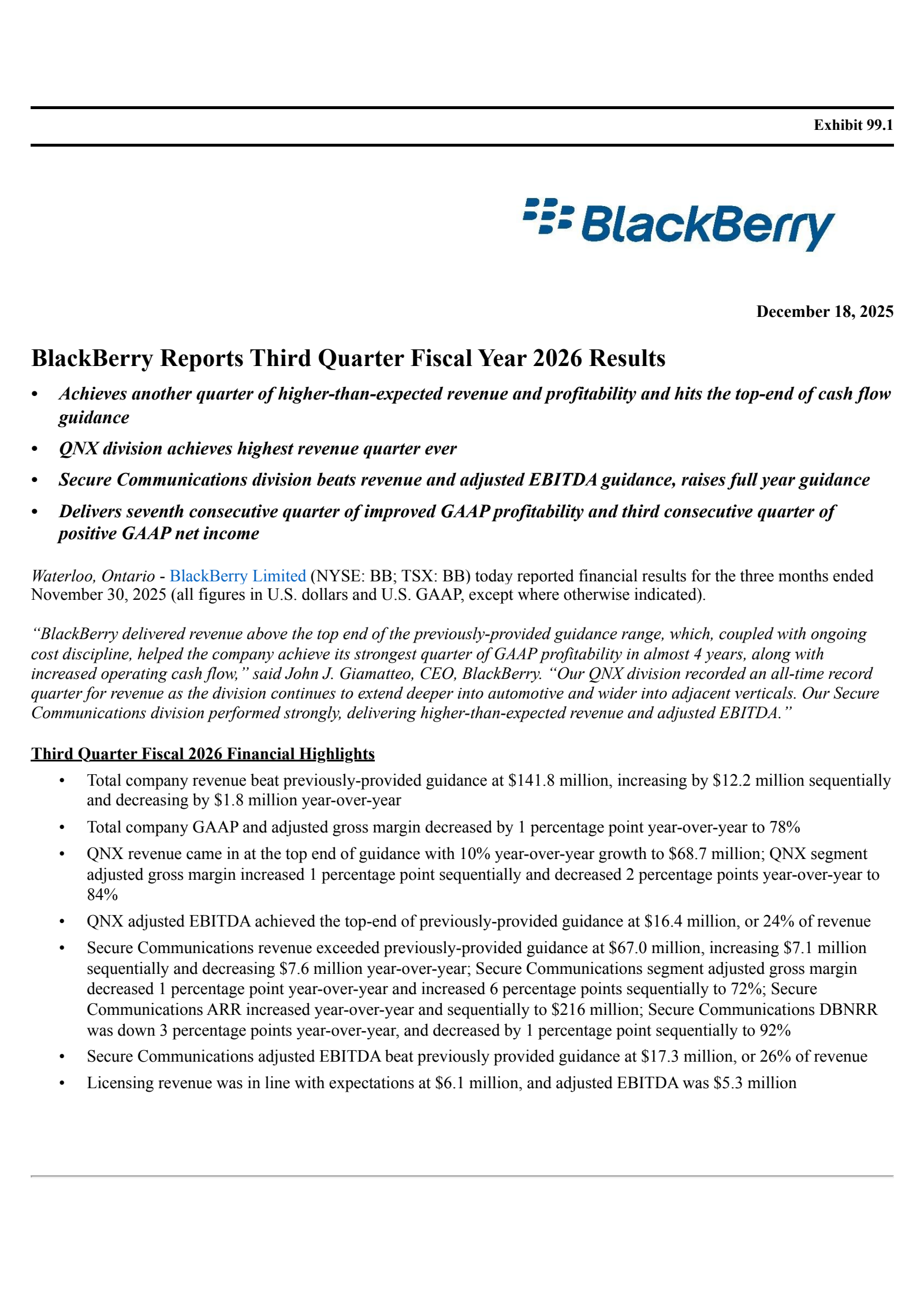 BlackBerry's Q3 2026 Earnings Release