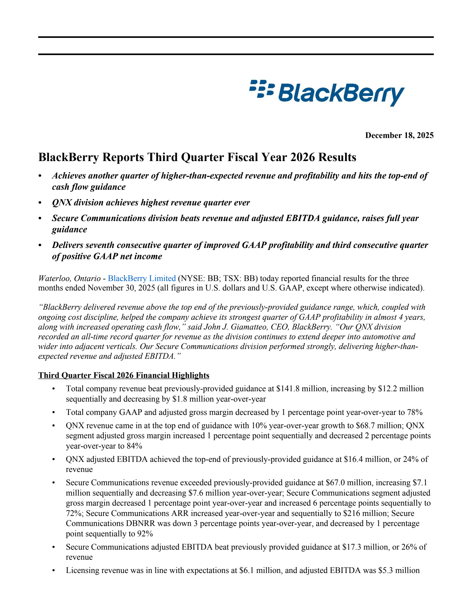 BlackBerry's Q3 2026 Press Release