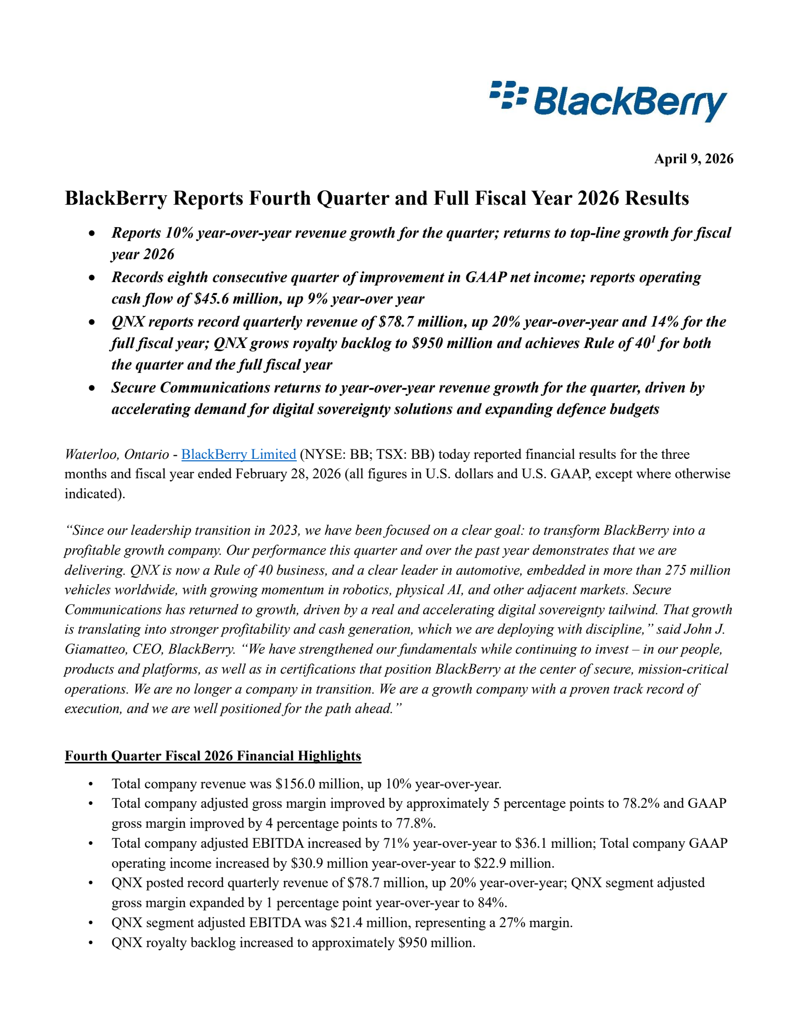 BlackBerry's Q4 2026 Press Release