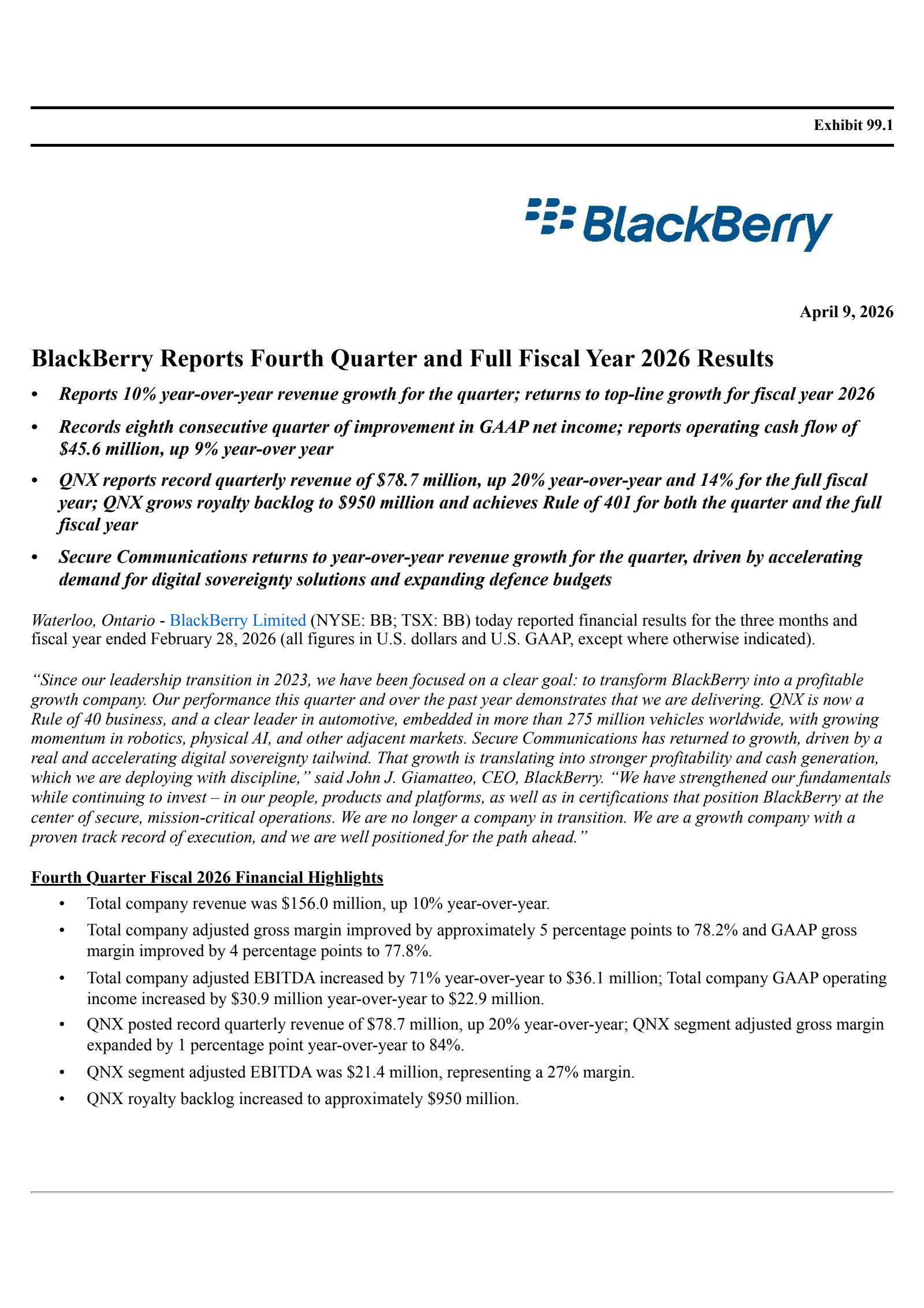 BlackBerry's Q4 2026 Press Release