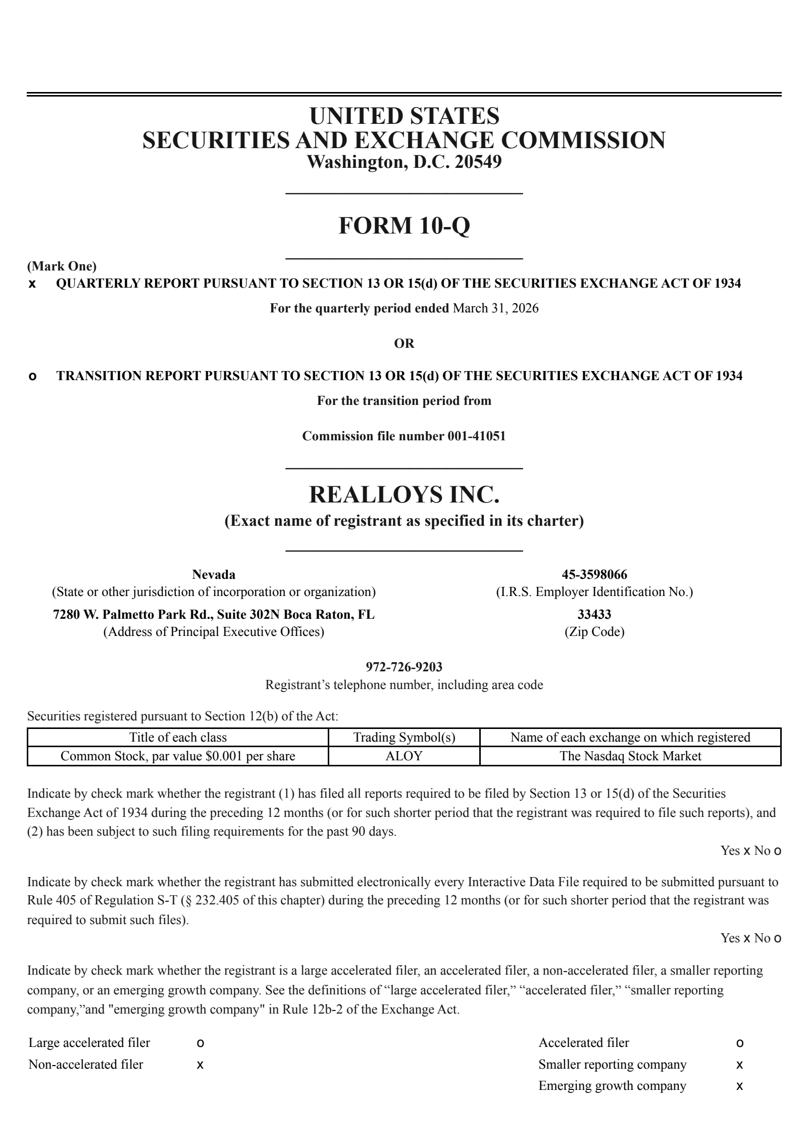 REalloys' Q1 2026 Quarterly report