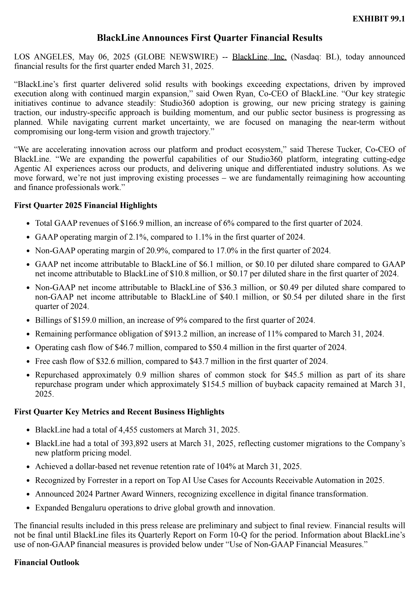 BlackLine's Q1 2025 Press Release