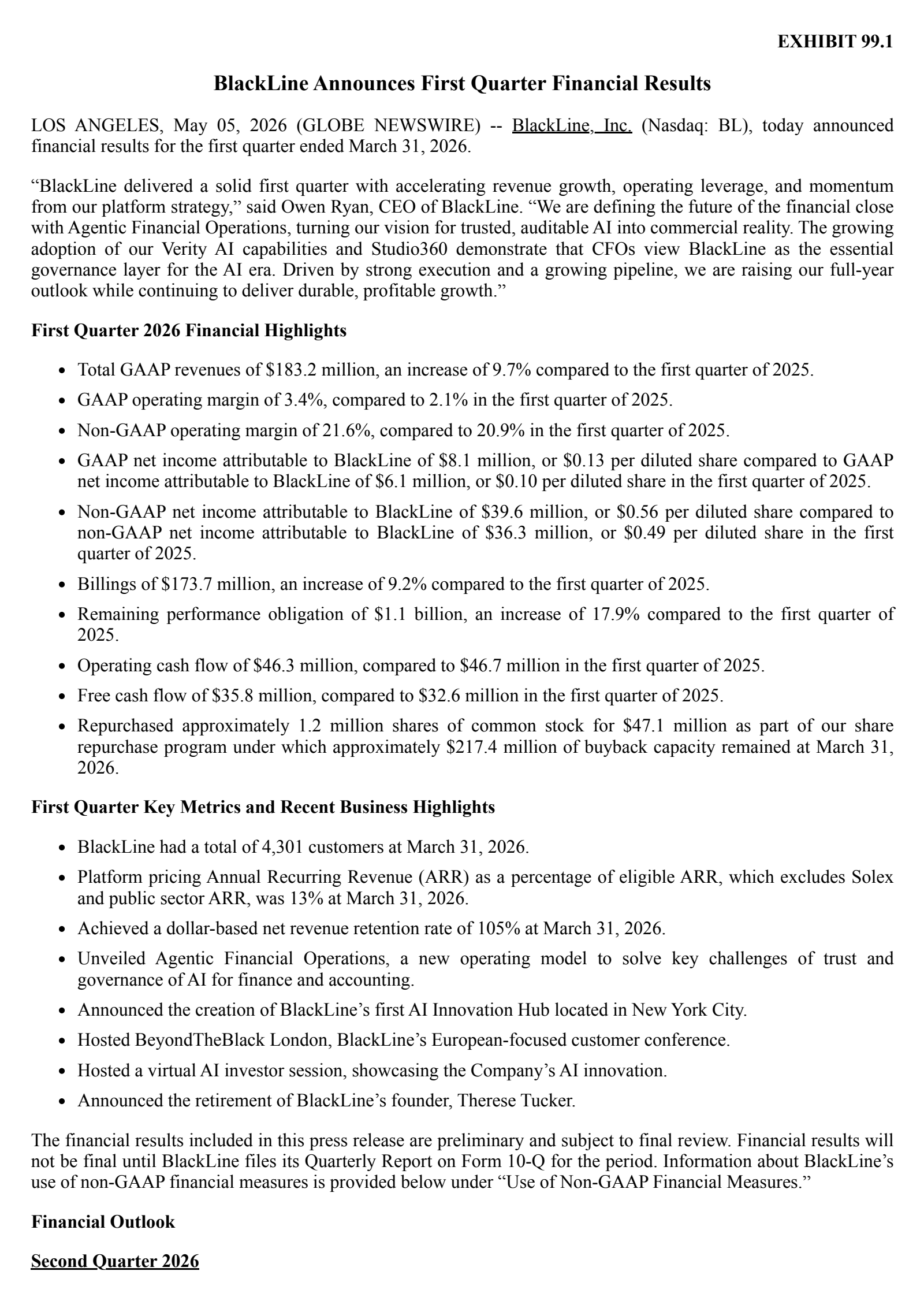 BlackLine's Q1 2026 Press Release
