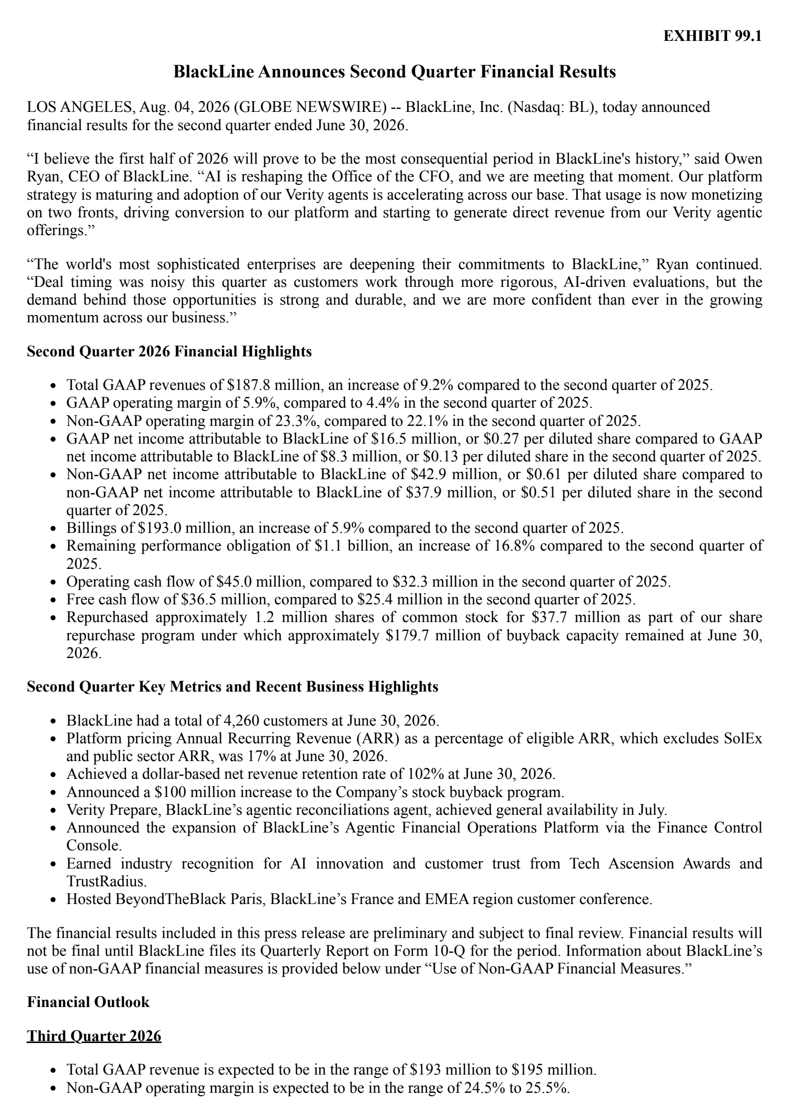 BlackLine's Q2 2026 Press Release