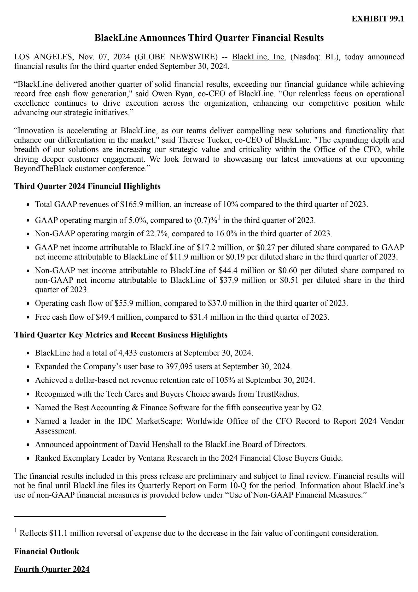 BlackLine's Q3 2024 Press Release