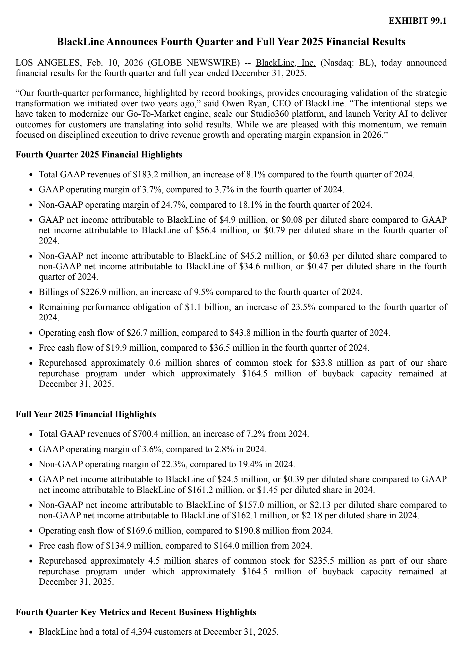 BlackLine's Q4 2025 Press Release