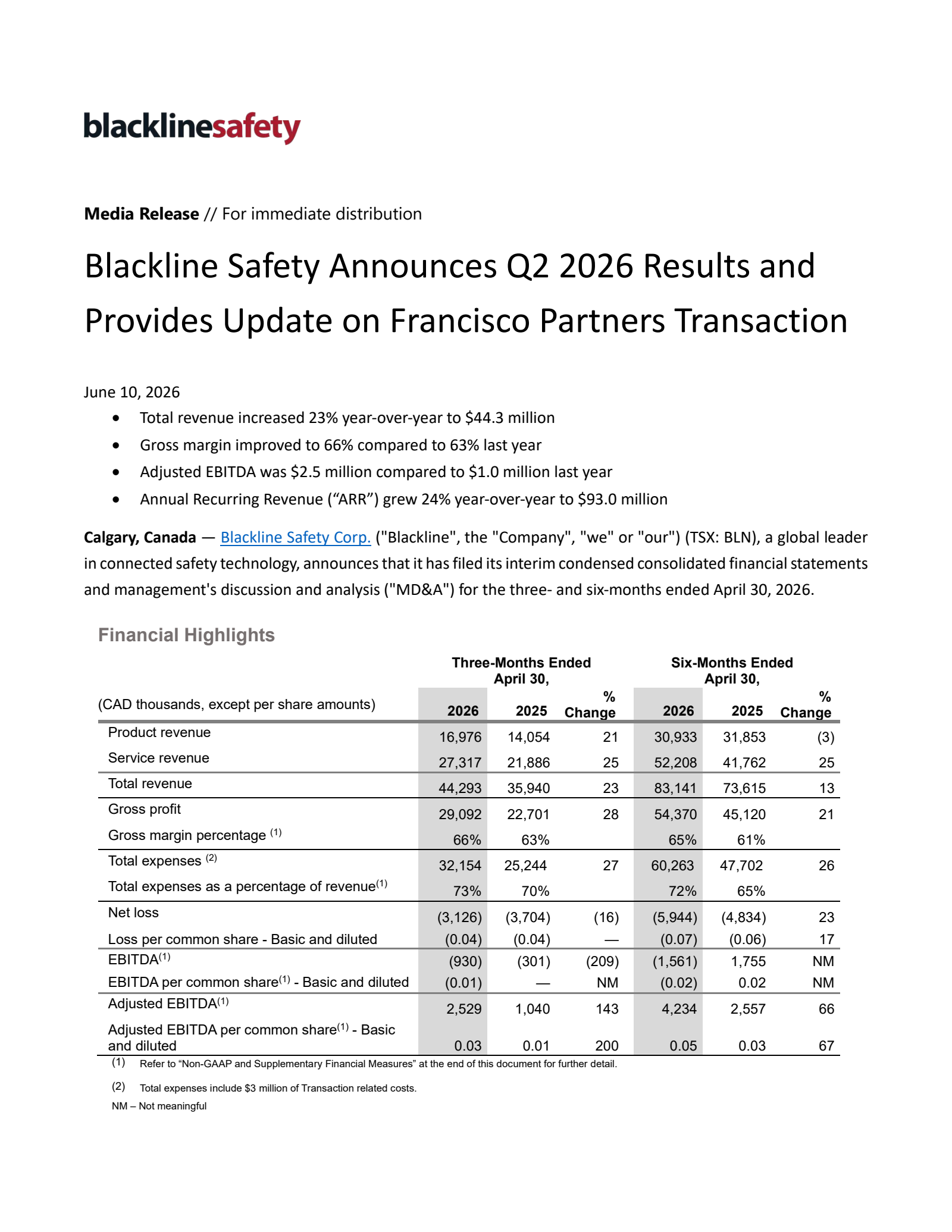 Blackline Safety's Q2 2026 Press Release