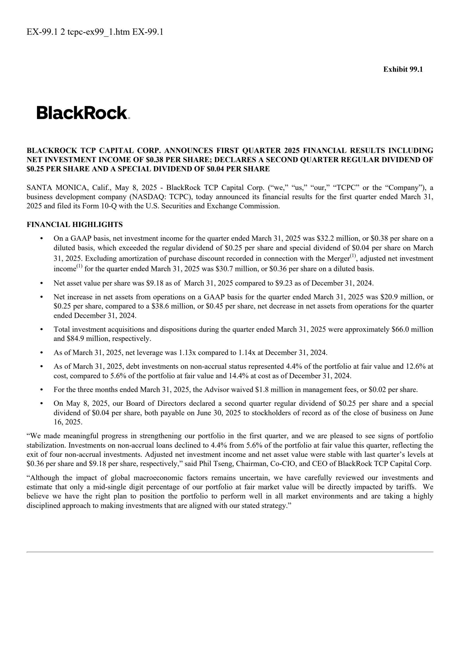 Blackrock Tcp Capital's Q1 2025 Press Release