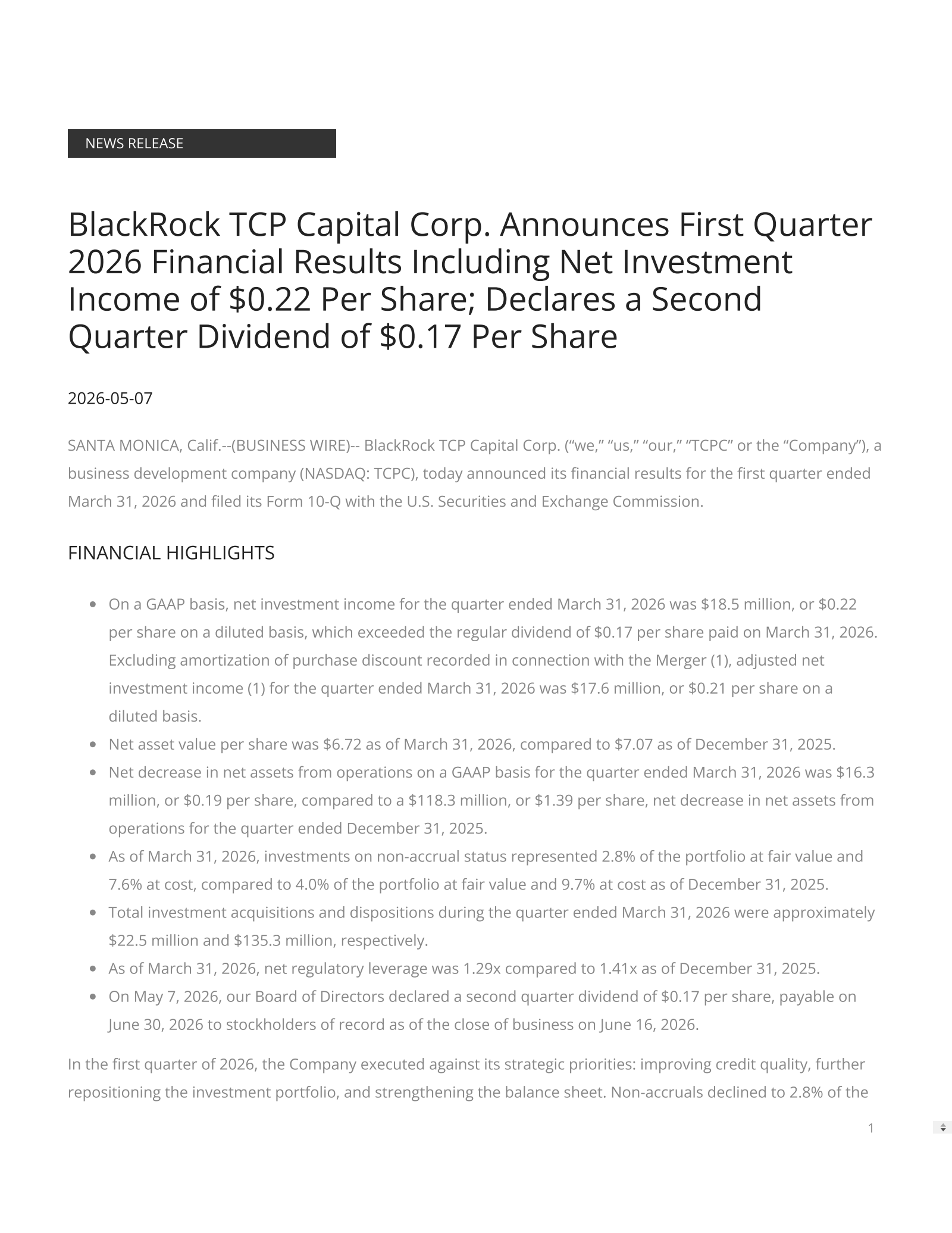 TCPC Q1 2026 Earnings Report on 5/7/2026
