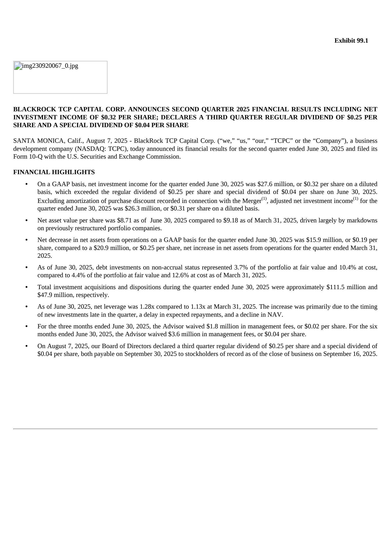 Blackrock Tcp Capital's Q2 2025 Press Release