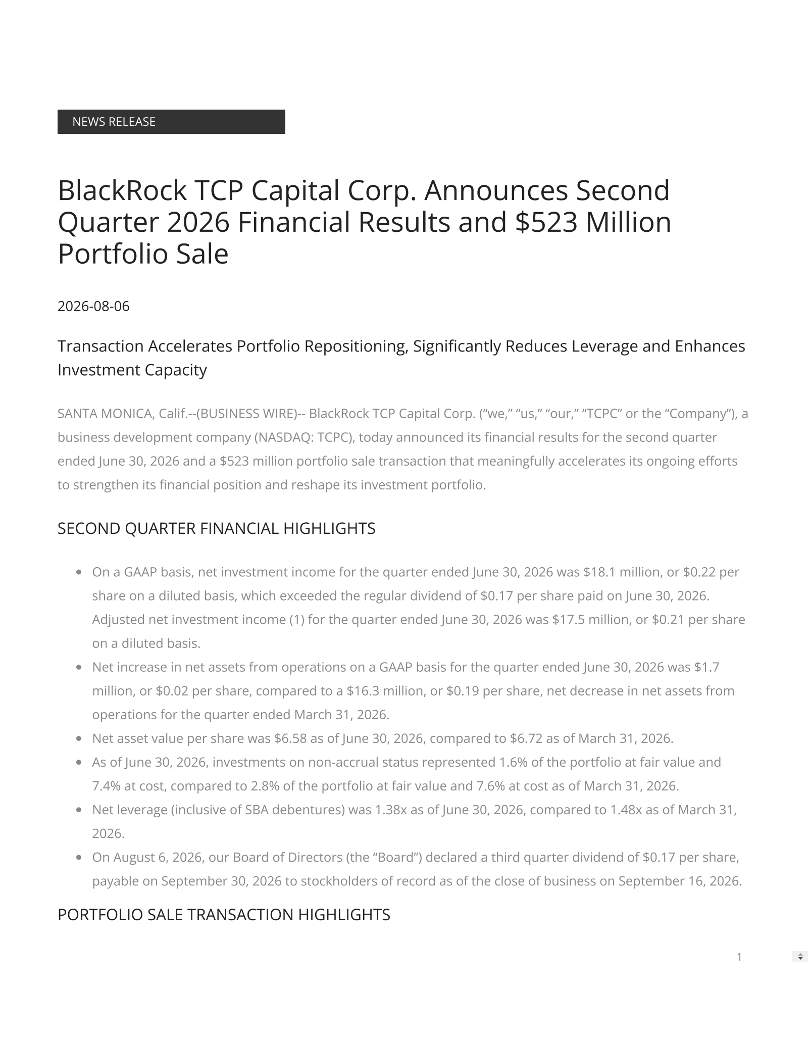 Blackrock Tcp Capital's Q2 2026 Press Release