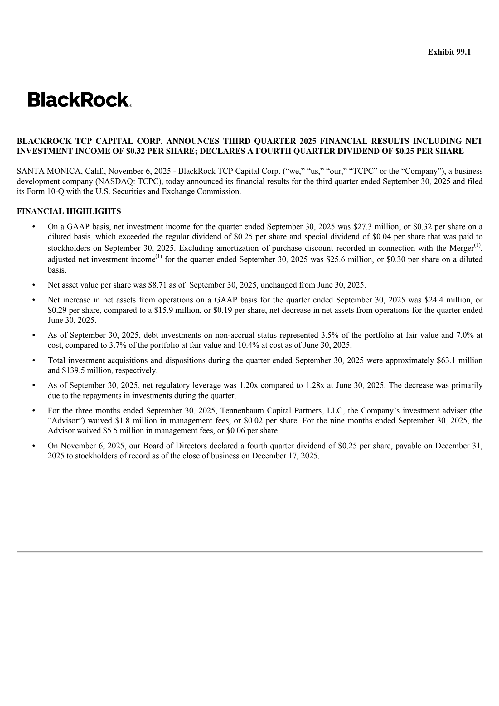 TCPC Q3 2025 Earnings Report on 11/6/2025