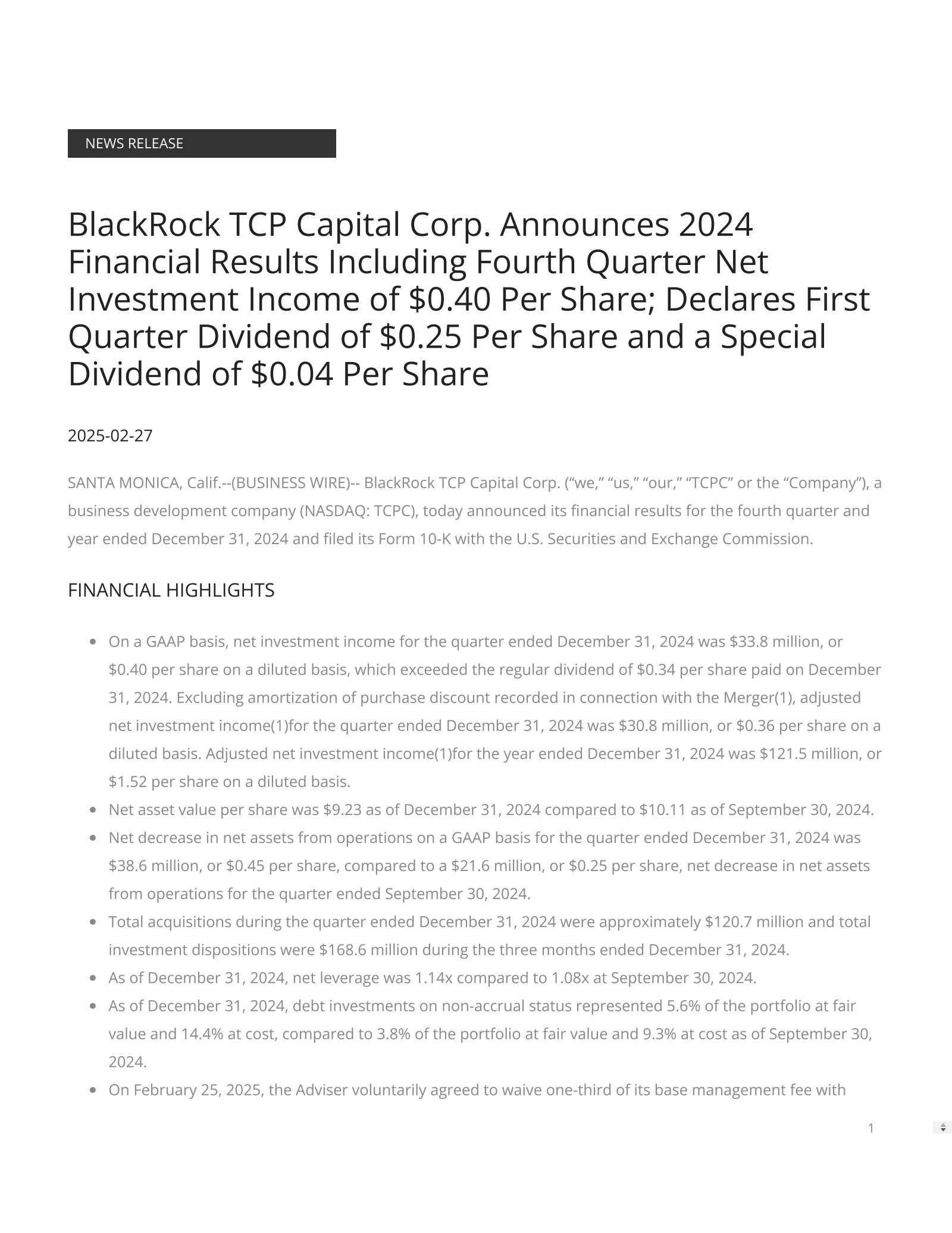 Blackrock Tcp Capital's Q4 2024 Press Release