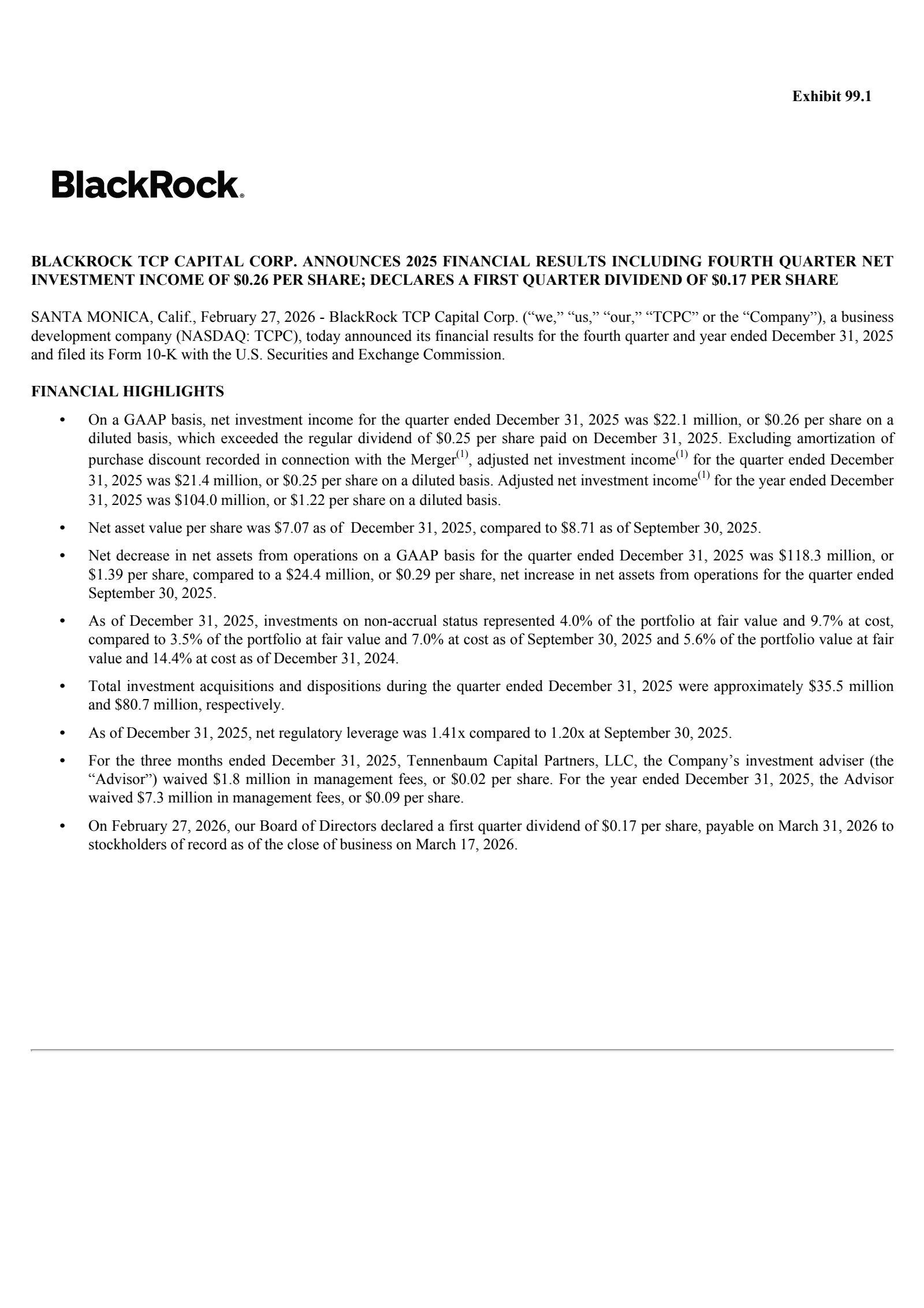 Blackrock Tcp Capital's Q4 2025 Press Release