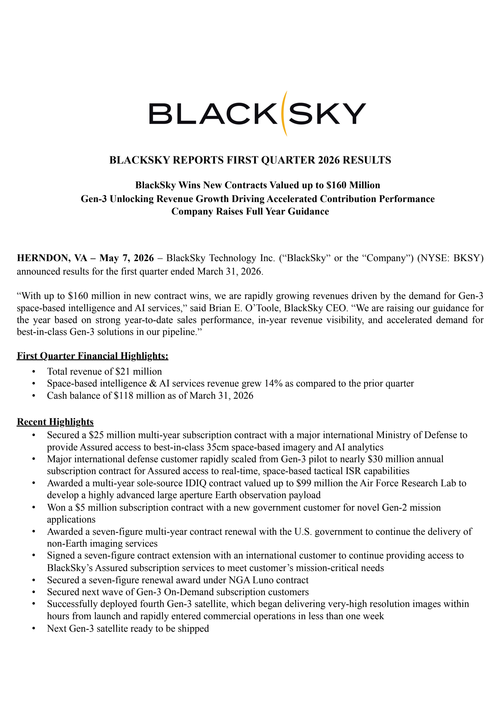 BlackSky Technology's Q1 2026 Press Release