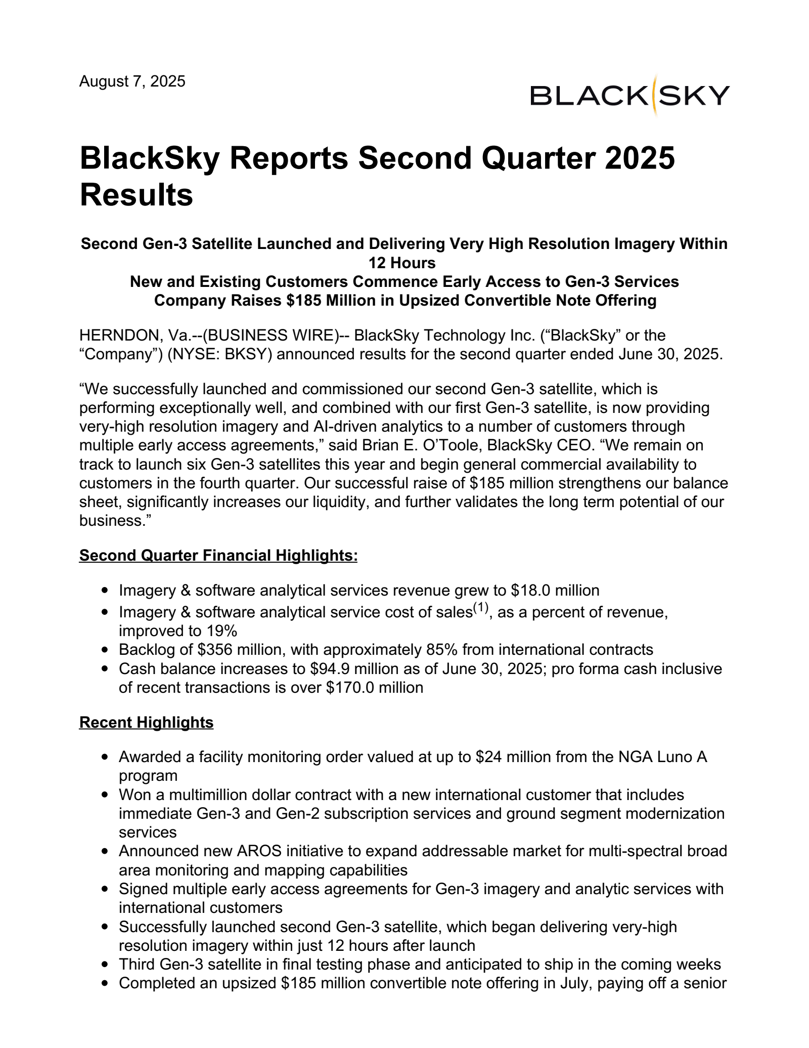 BlackSky Technology's Q2 2025 Press Release
