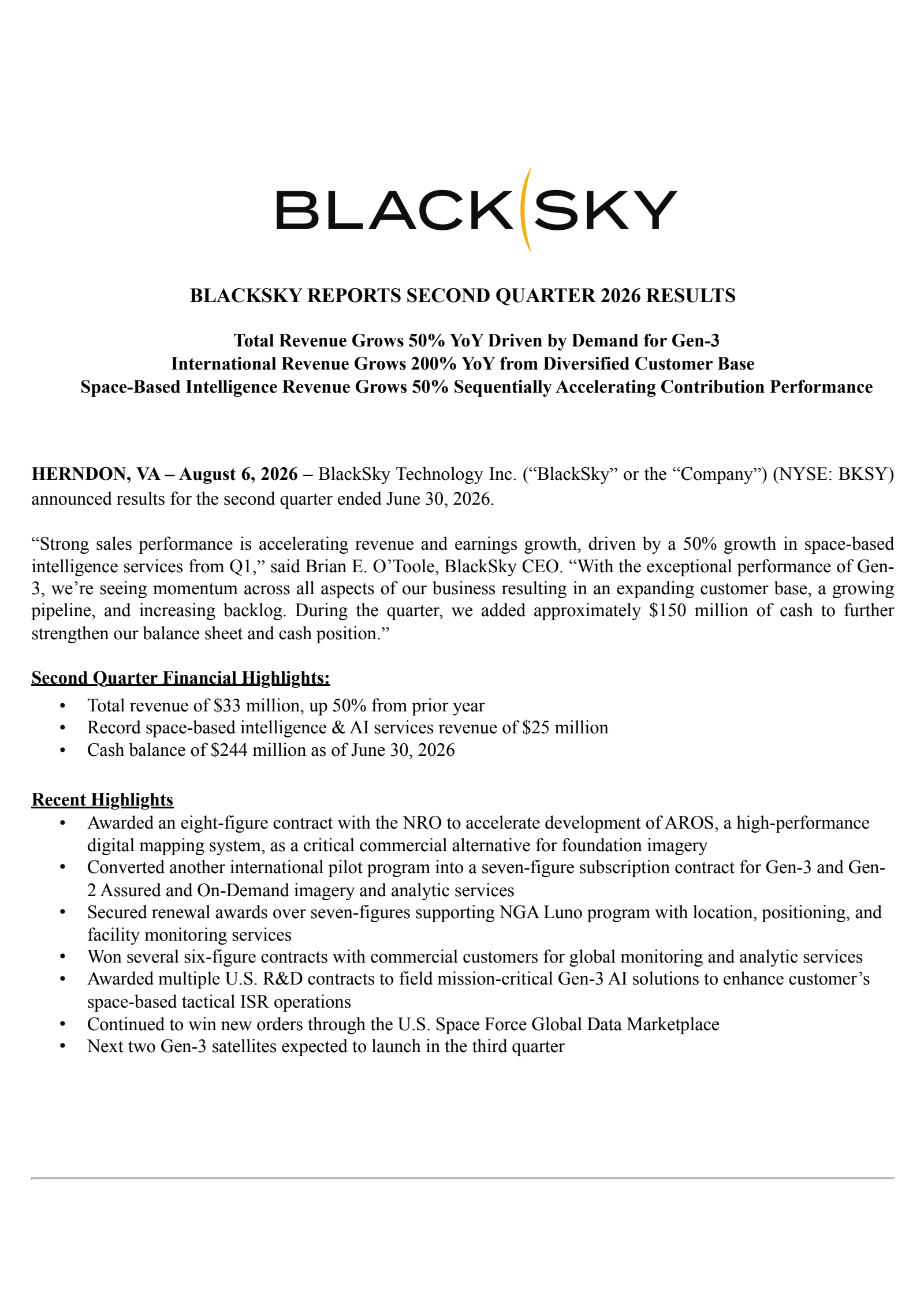 BlackSky Technology's Q2 2026 Press Release