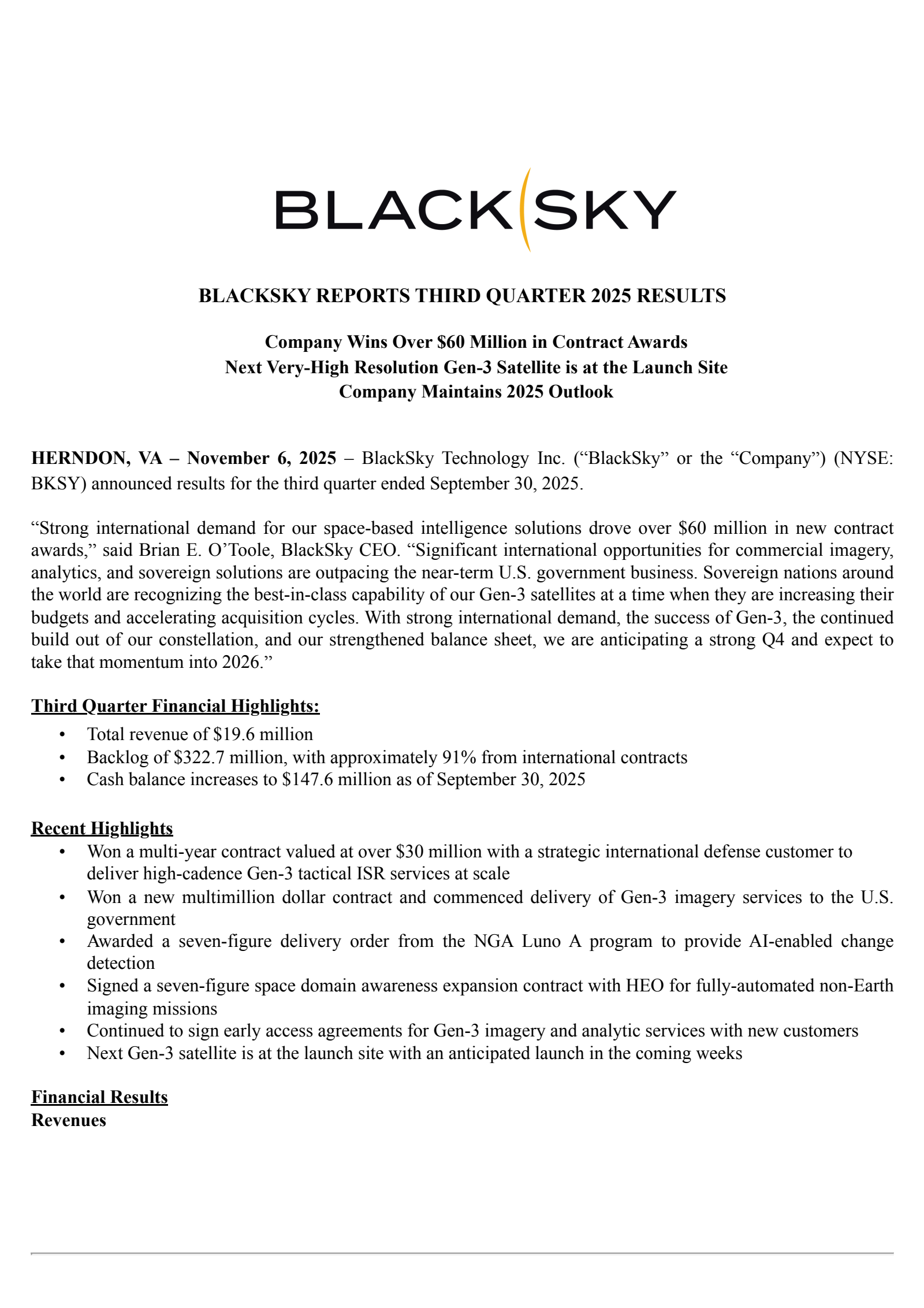 BlackSky Technology's Q3 2025 Earnings Release