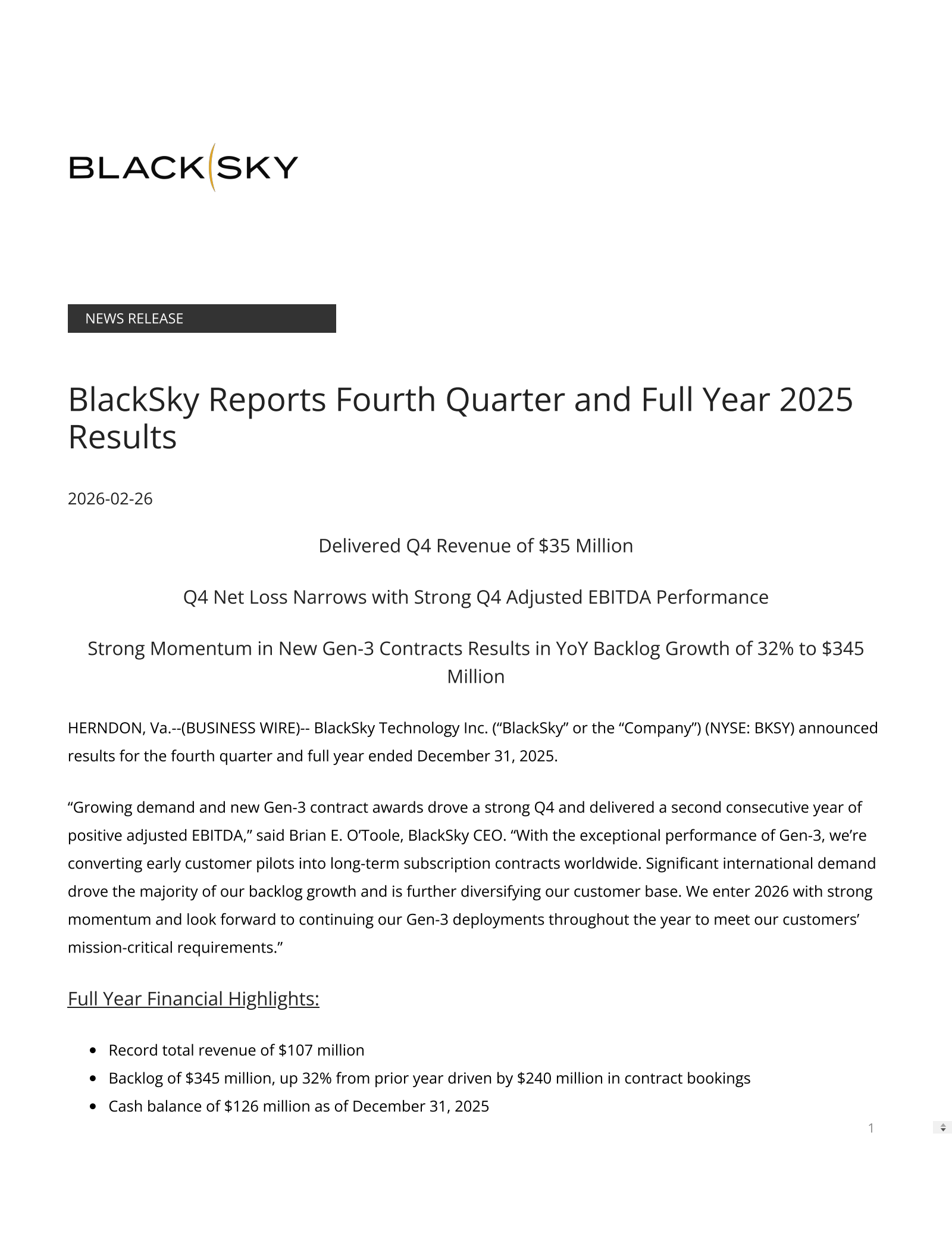 BlackSky Technology's Q4 2025 Press Release