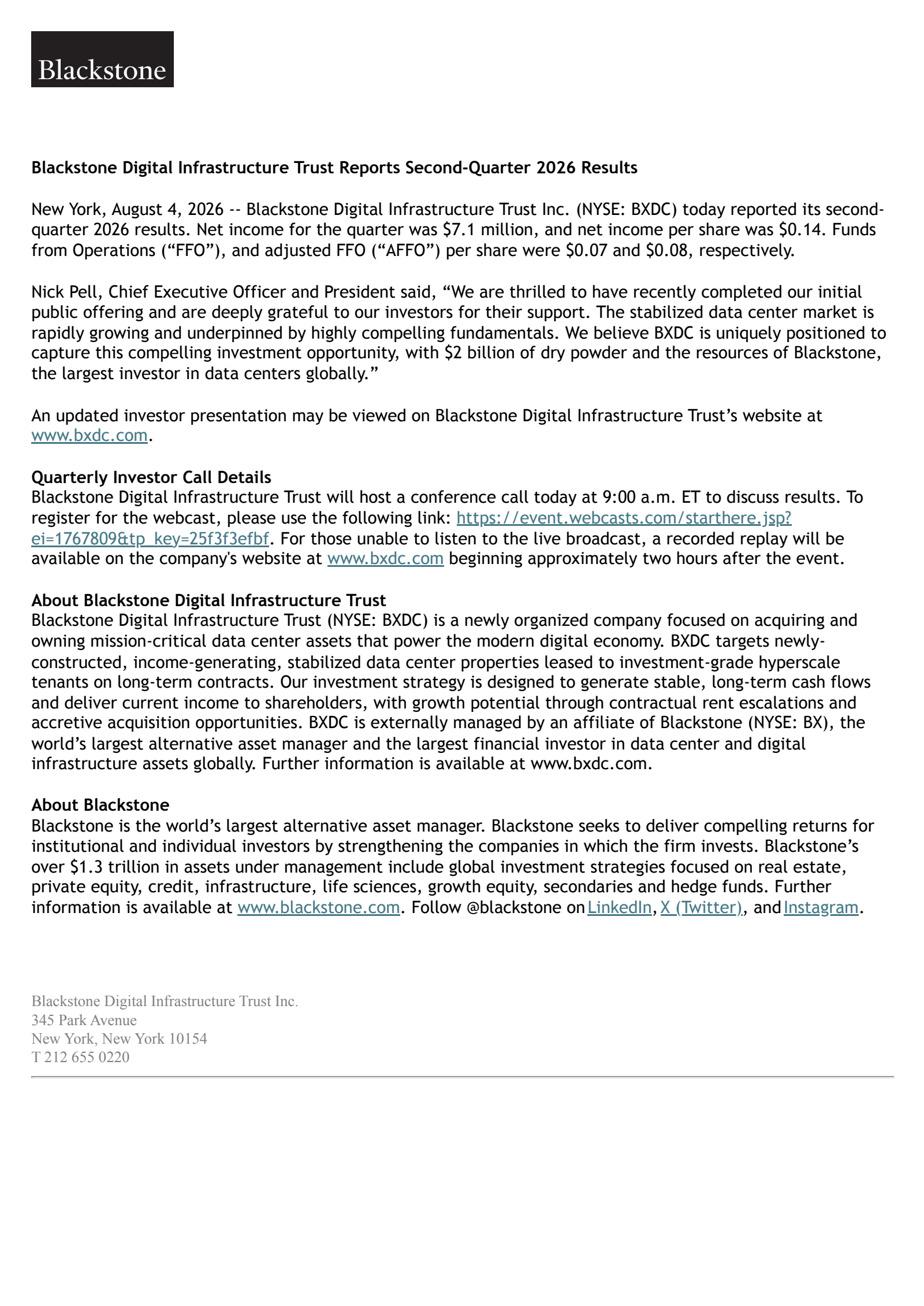Blackstone Digital Infrastructure Trust's Q2 2026 Press Release