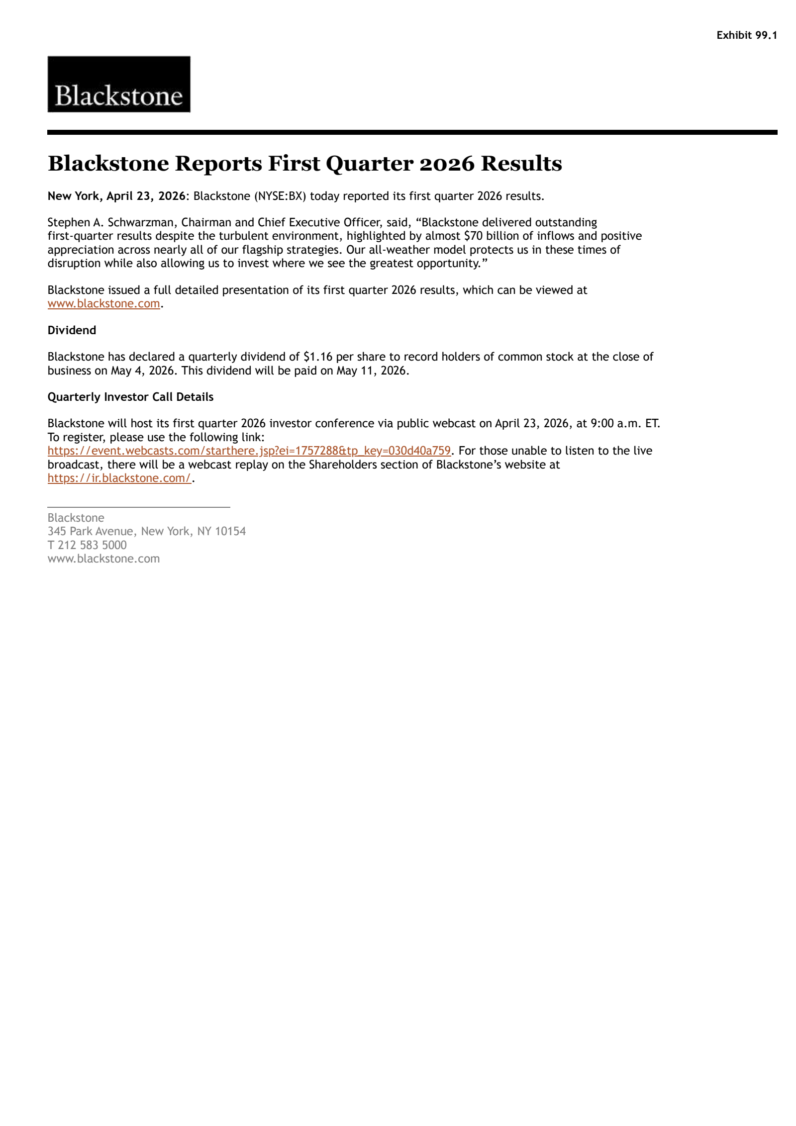 Blackstone's Q1 2026 Press Release