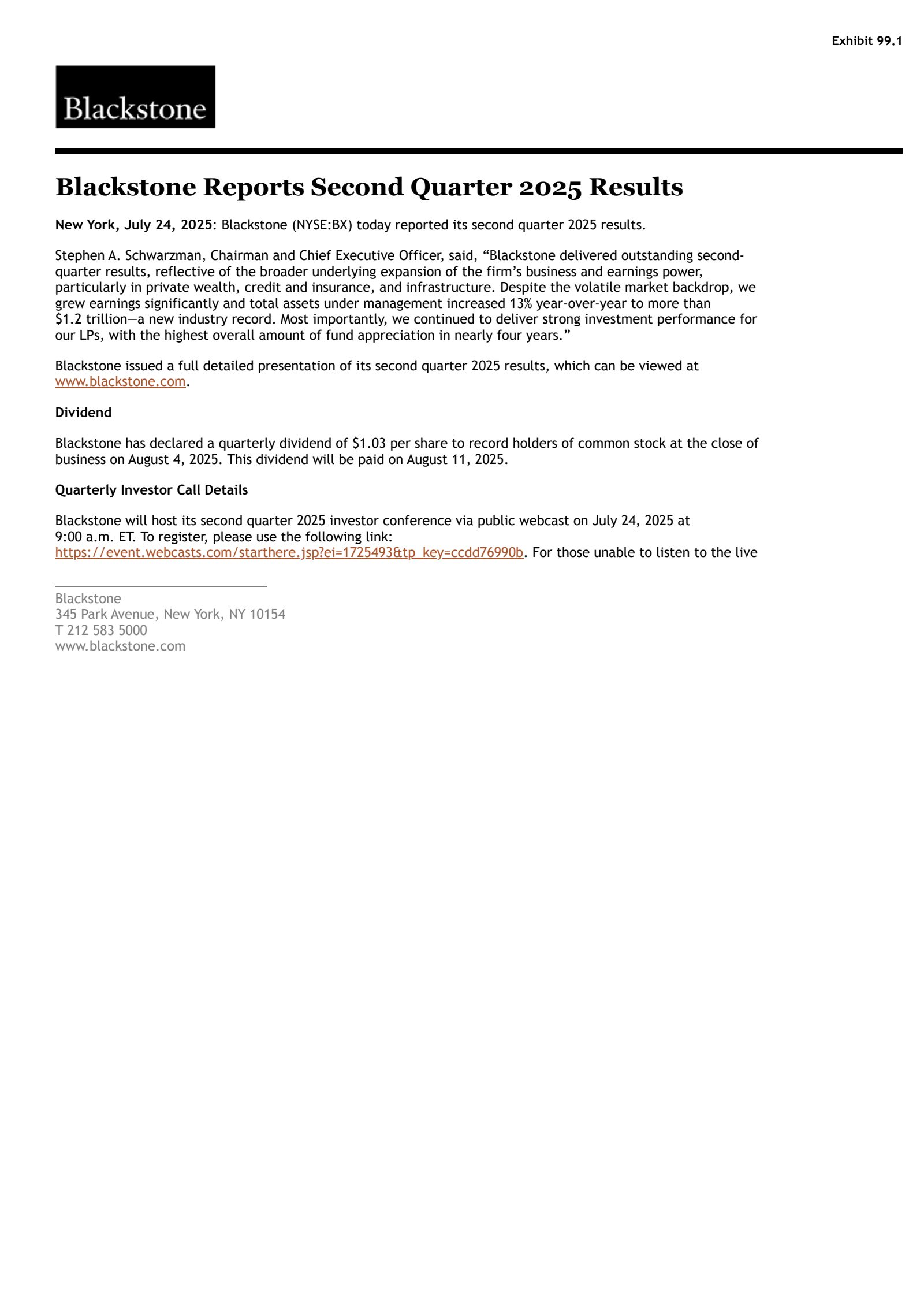 Blackstone's Q2 2025 Press Release