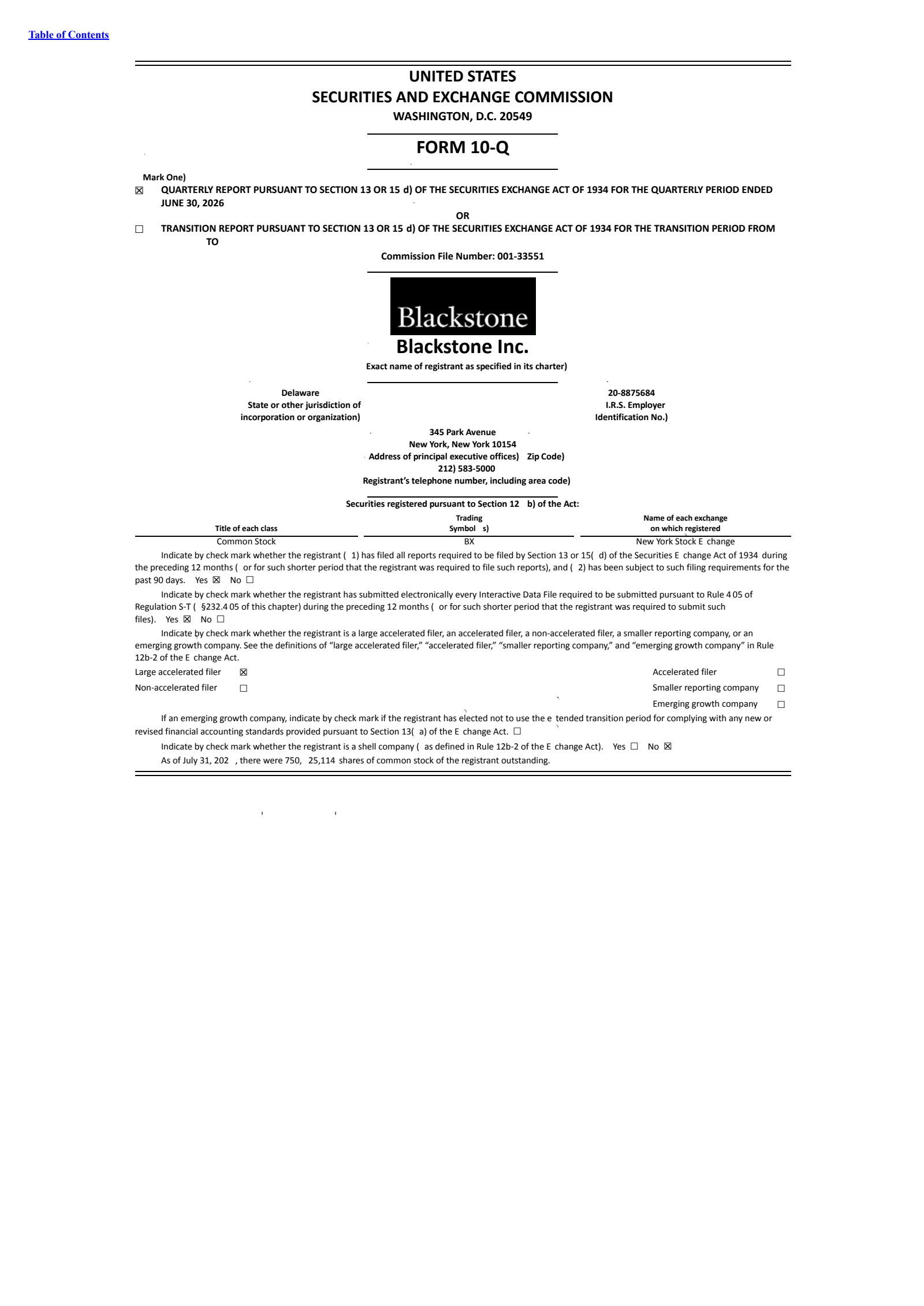 Blackstone's Q2 2026 Quarterly report