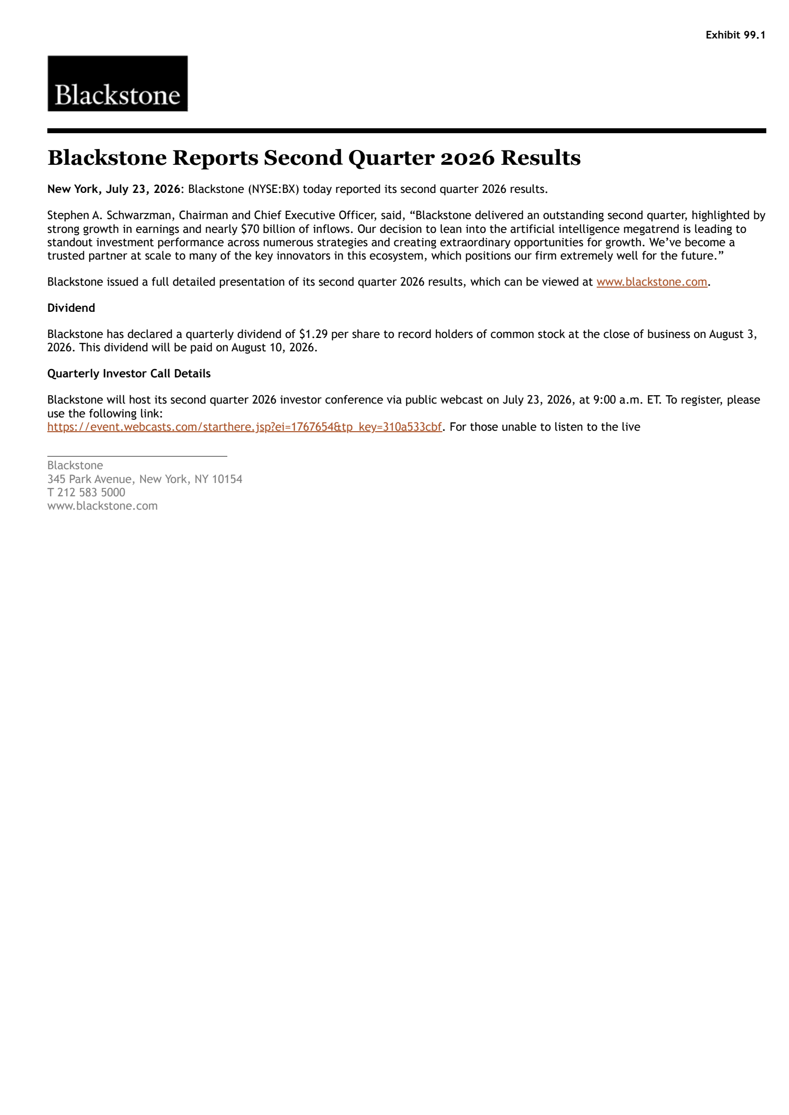 Blackstone's Q2 2026 Press Release