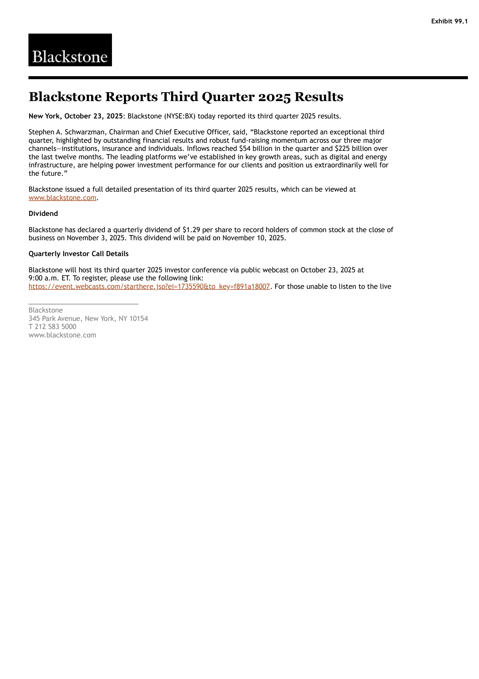 Blackstone's Q3 2025 Earnings Release