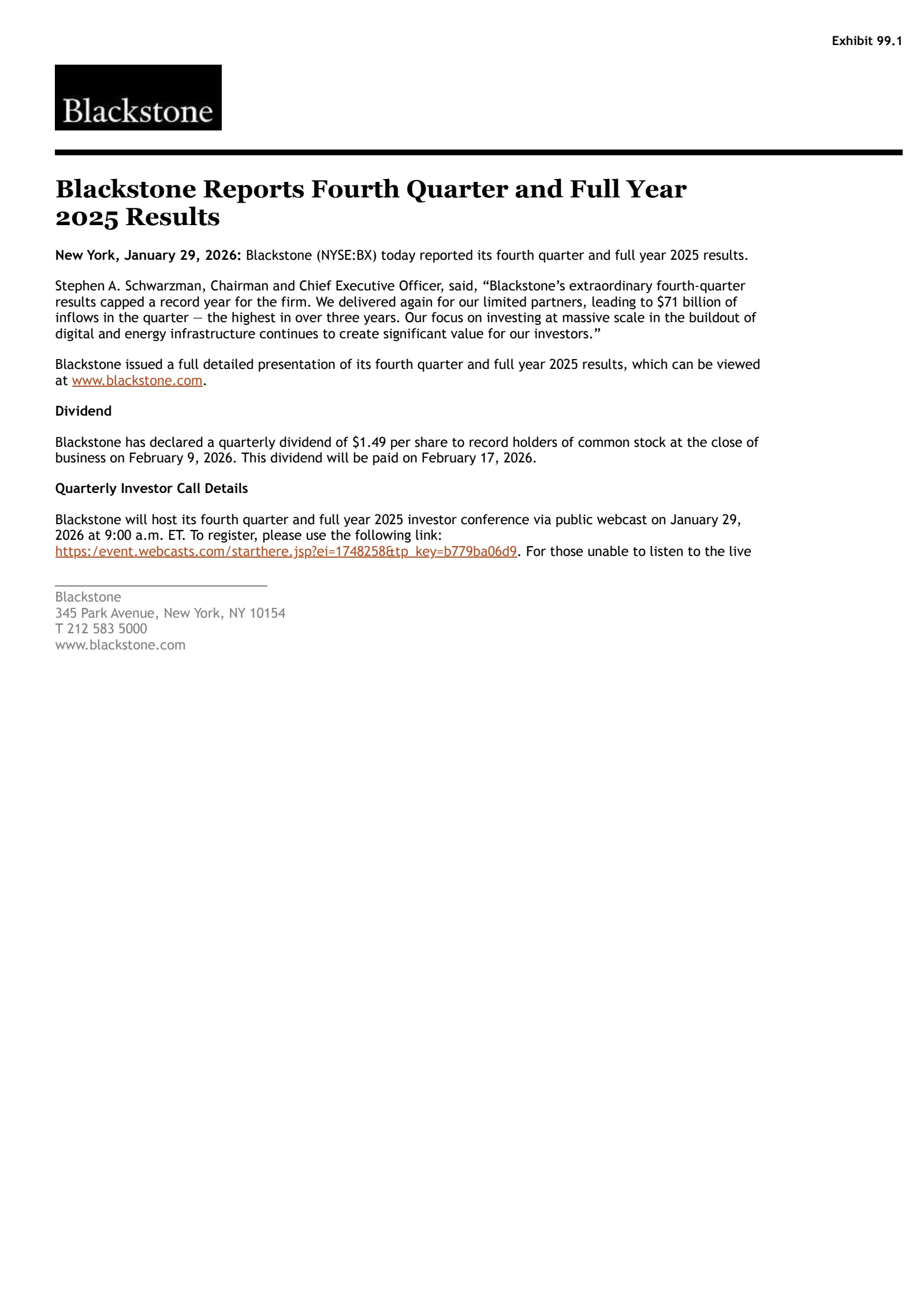 Blackstone's Q4 2025 Press Release