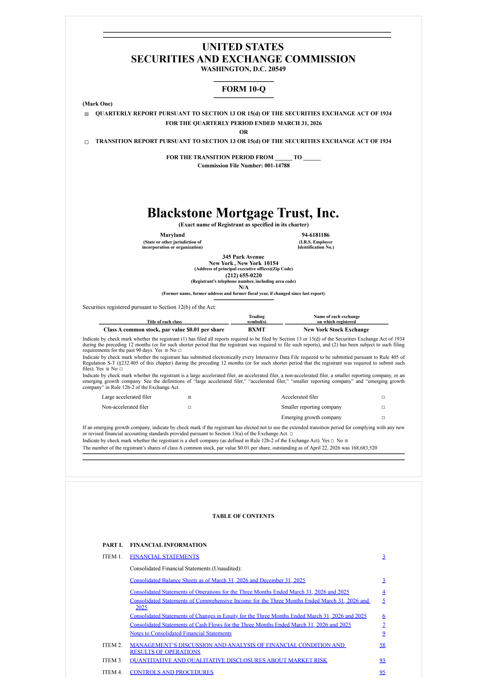 Blackstone Mortgage Trust's Q1 2026 Quarterly report
