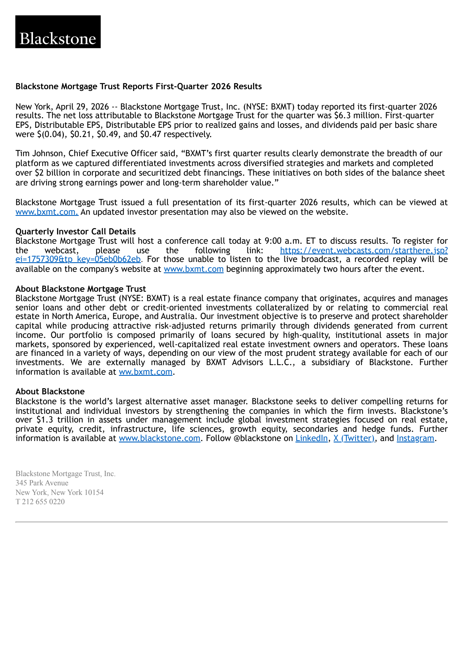 Blackstone Mortgage Trust's Q1 2026 Press Release