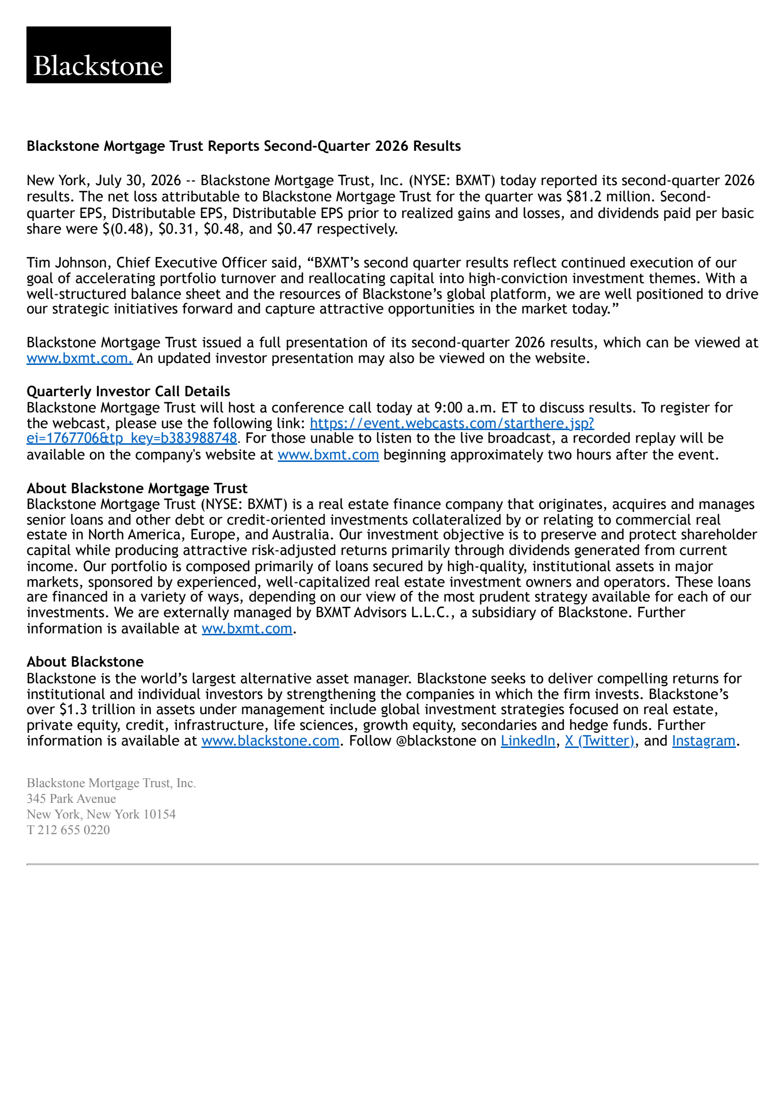 Blackstone Mortgage Trust's Q2 2026 Press Release