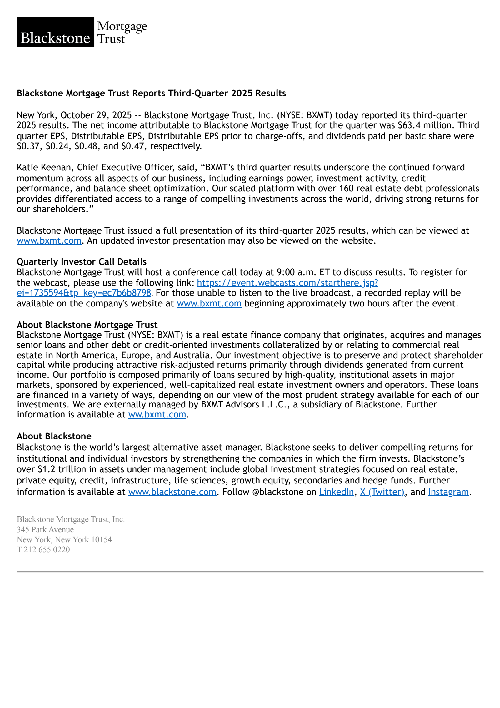 Blackstone Mortgage Trust's Q3 2025 Earnings Release
