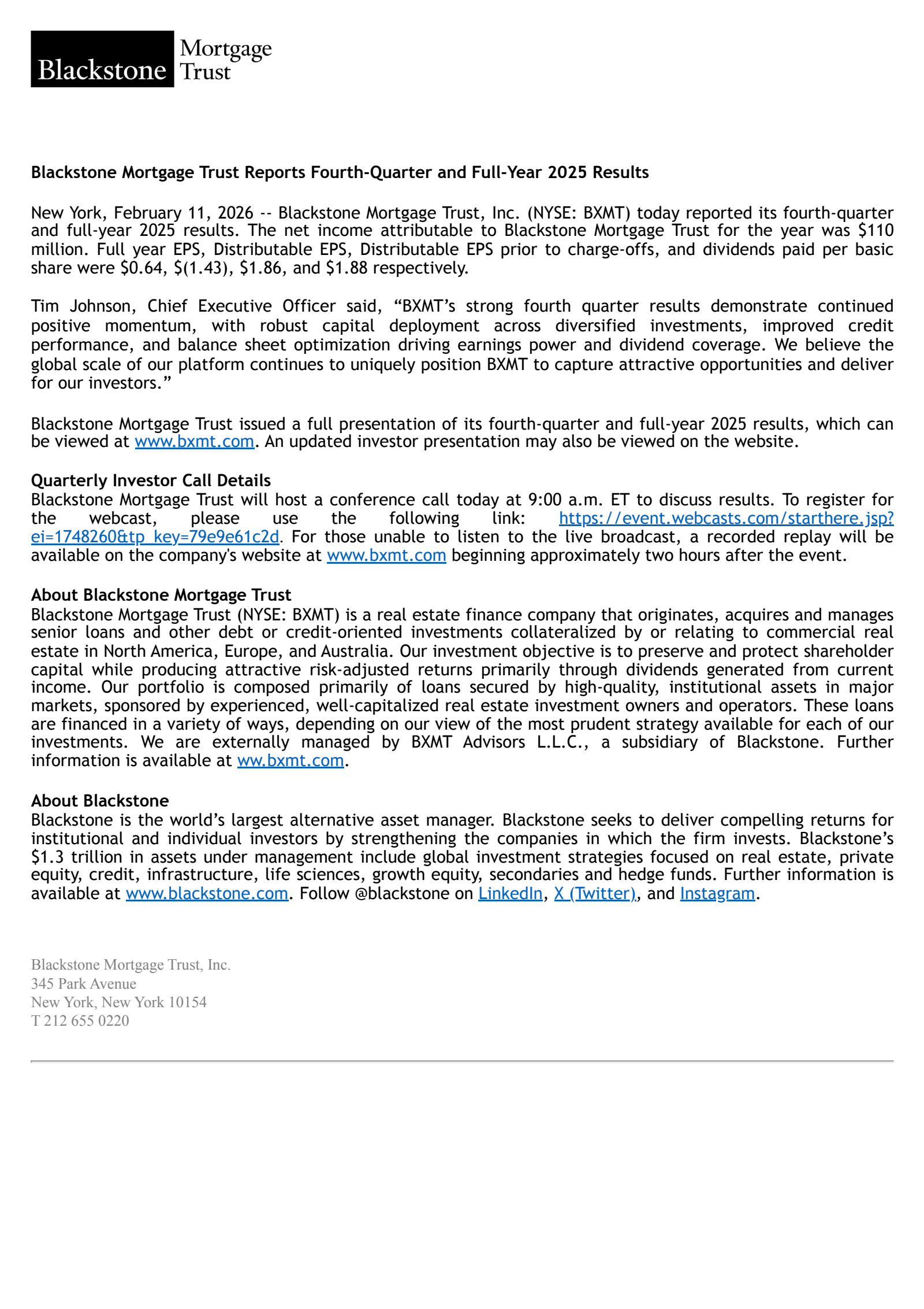 BXMT Q4 2025 Earnings Report on 2/11/2026