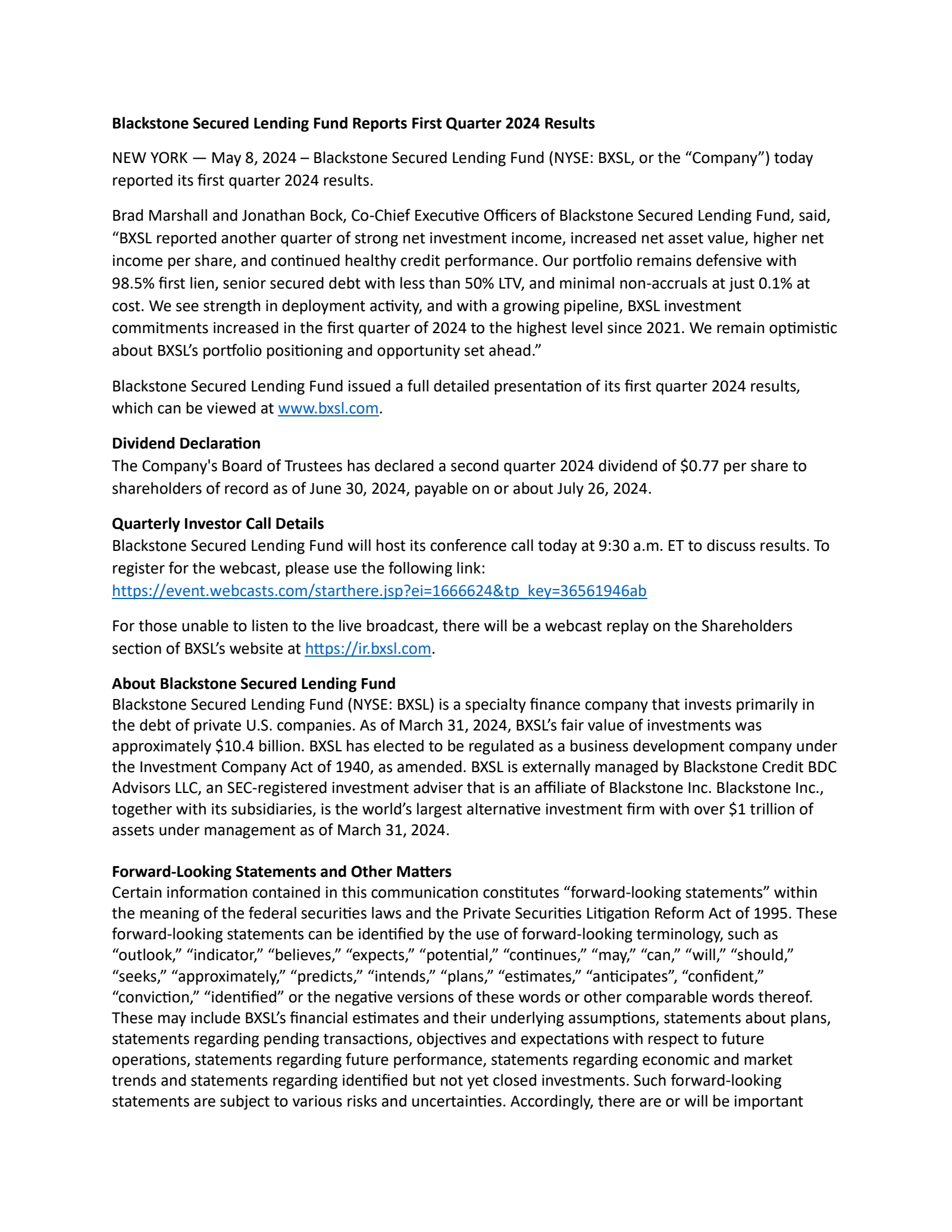 BXSL Q1 2024 Earnings Report on 5/8/2024