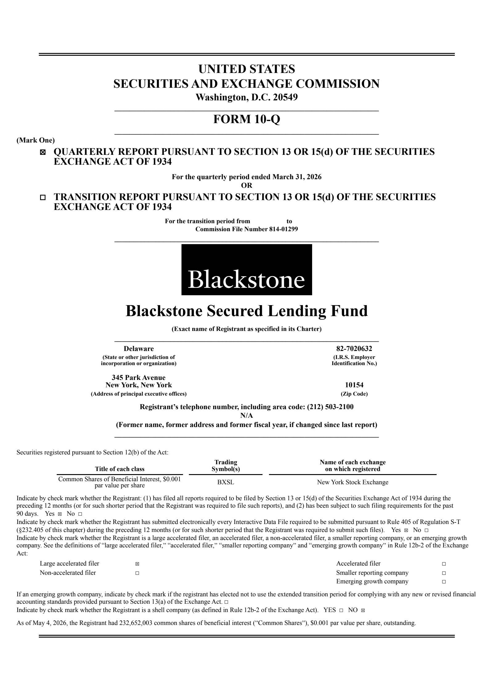 Blackstone Secured Lending Fund's Q1 2026 Quarterly report