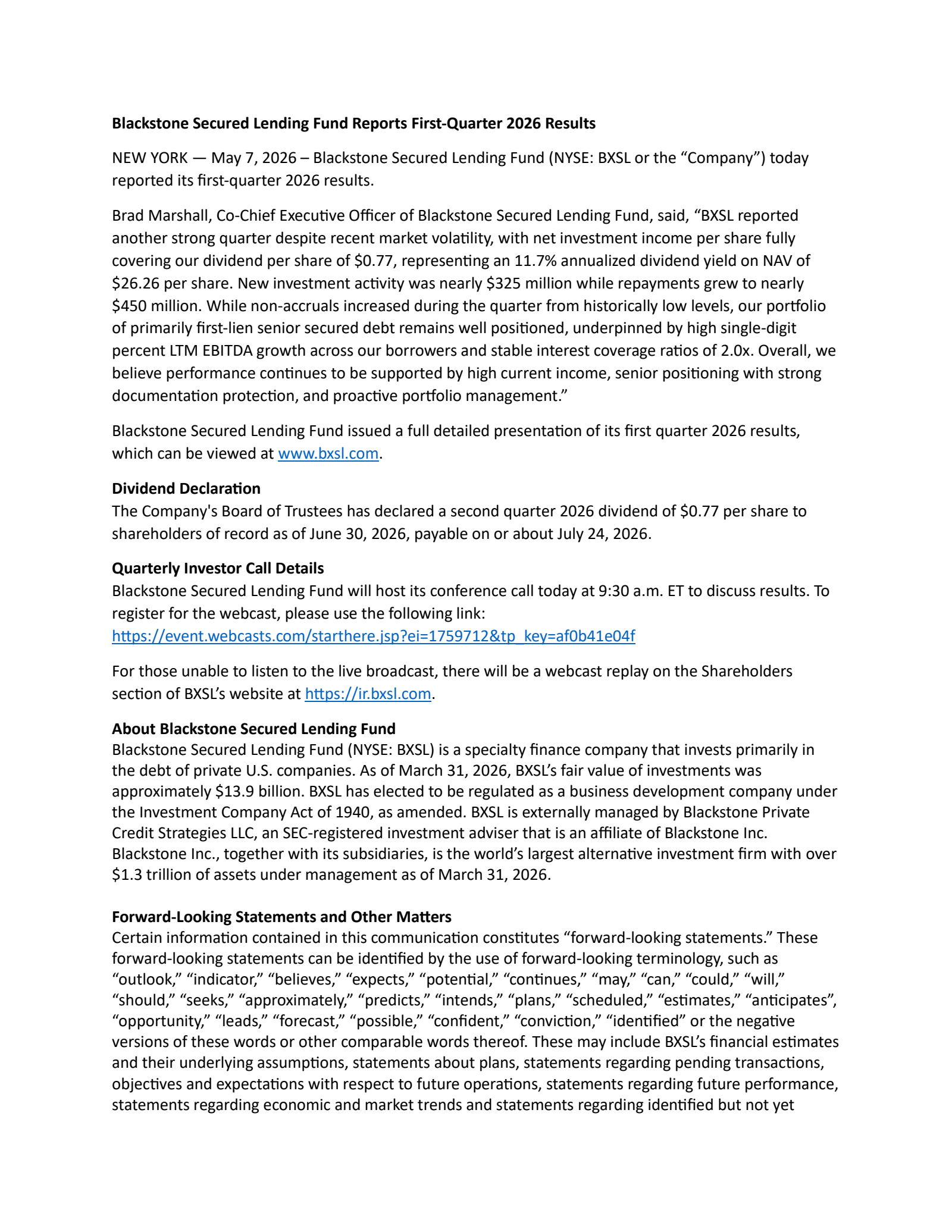 Blackstone Secured Lending Fund's Q1 2026 Press Release